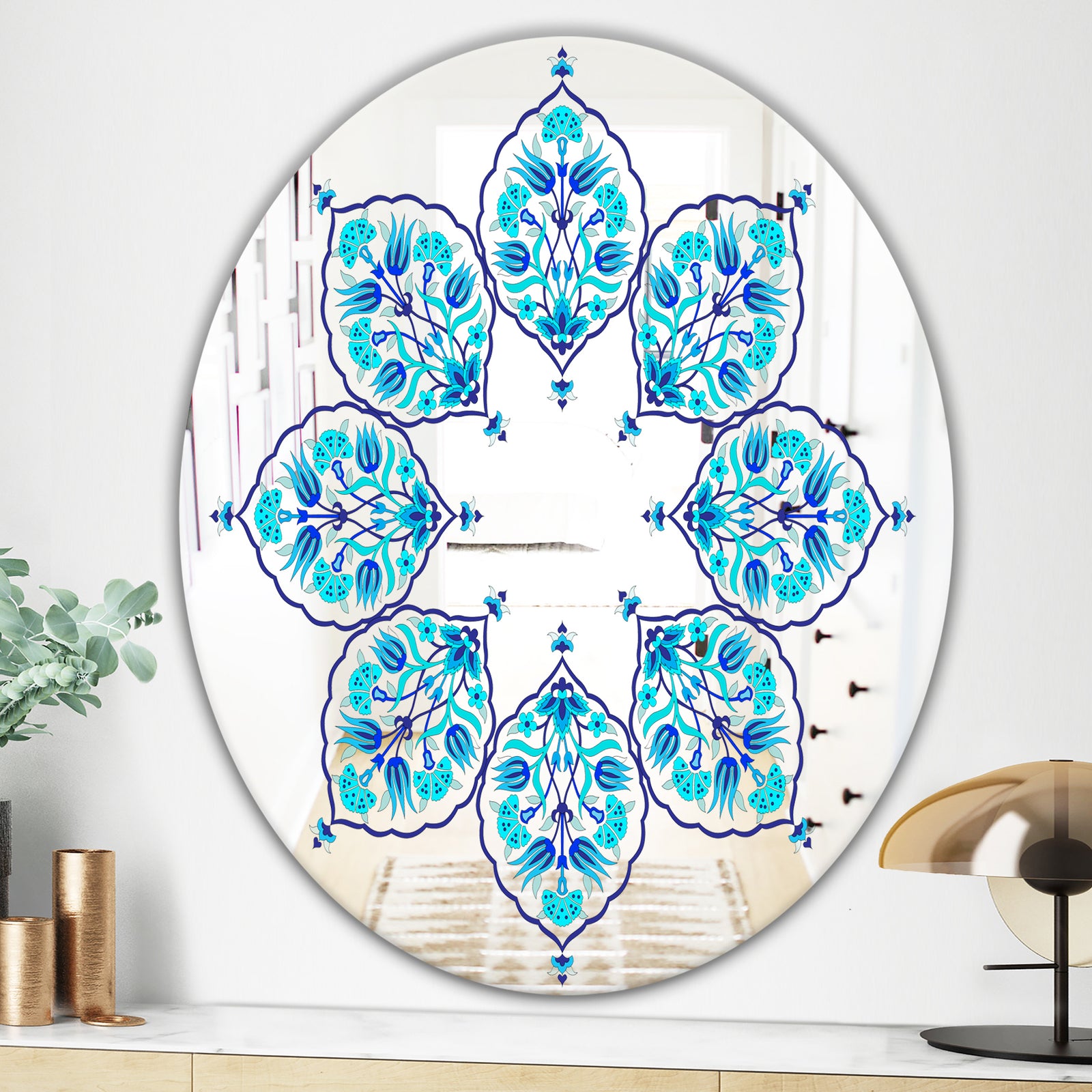 Blue Leaves - Bohemian and Eclectic Mirror - Oval or Round Wall Mirror