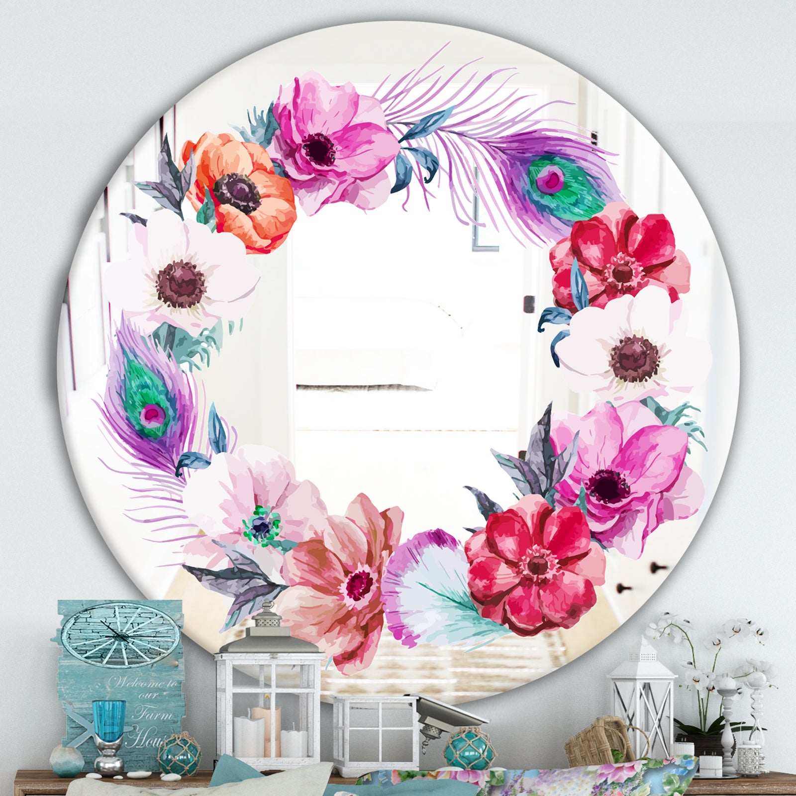 Pastel Flower Wreath - Cabin and Lodge Mirror - Oval or Round Vanity Mirror
