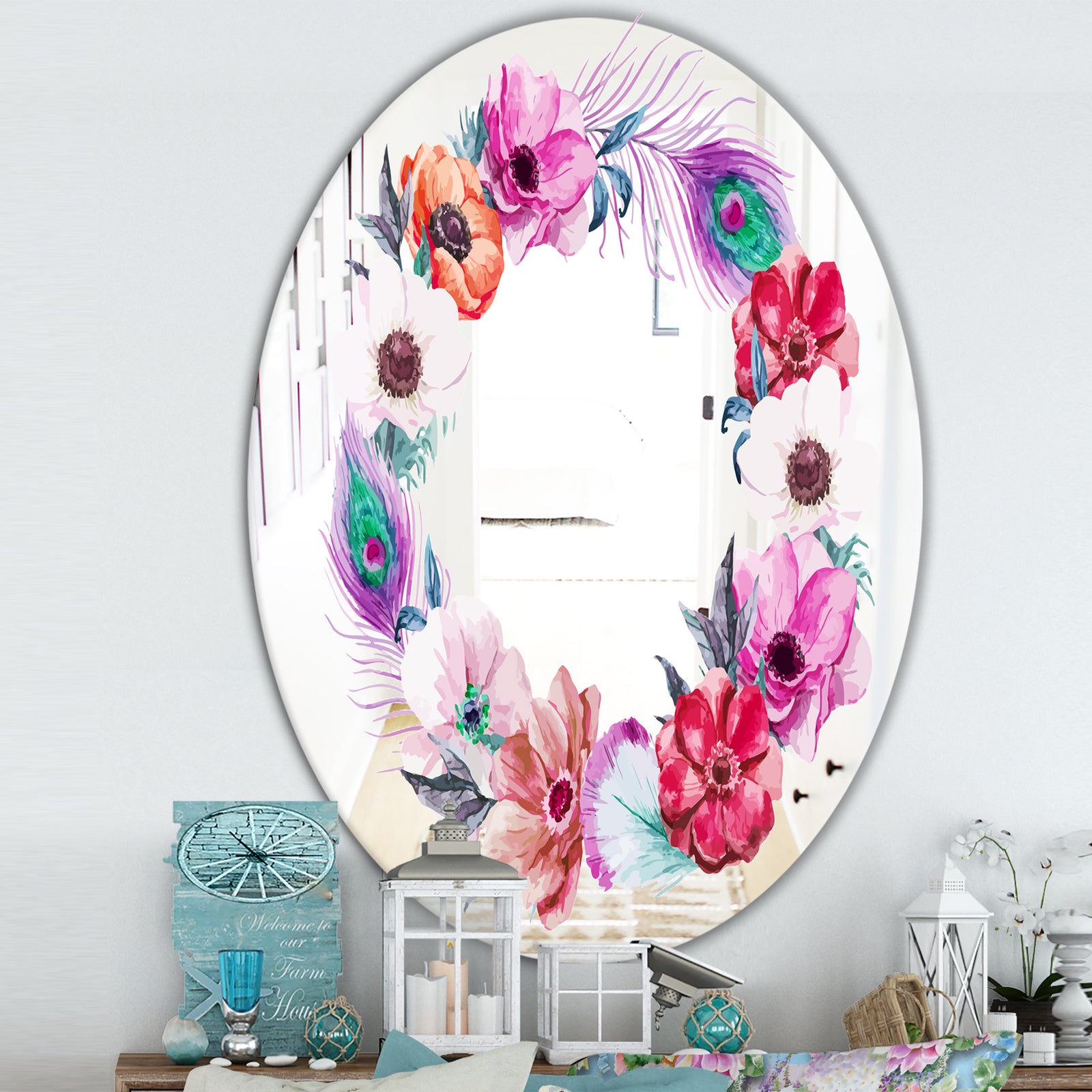 Pastel Flower Wreath - Cabin and Lodge Mirror - Oval or Round Vanity Mirror