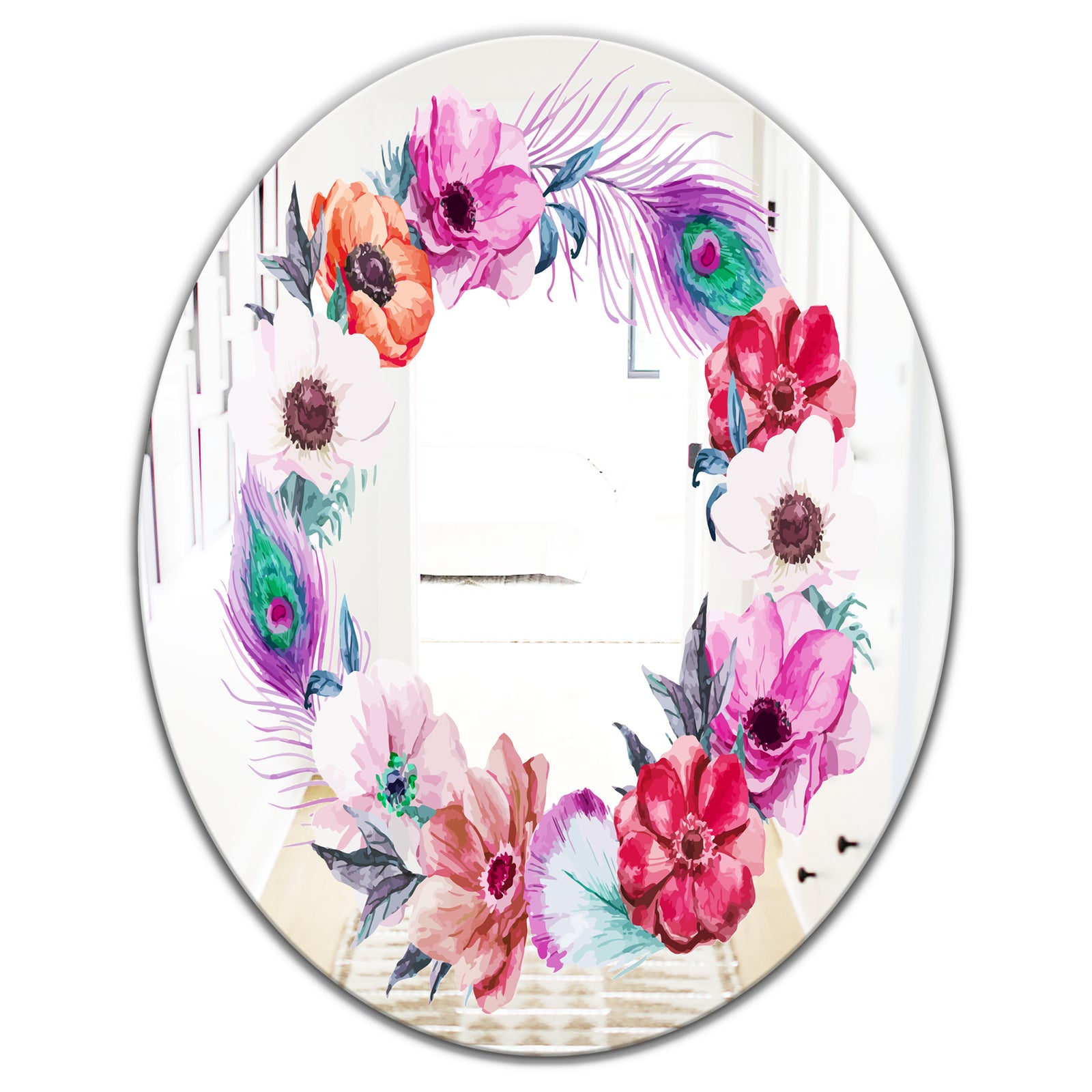 Pastel Flower Wreath - Cabin and Lodge Mirror - Oval or Round Vanity Mirror