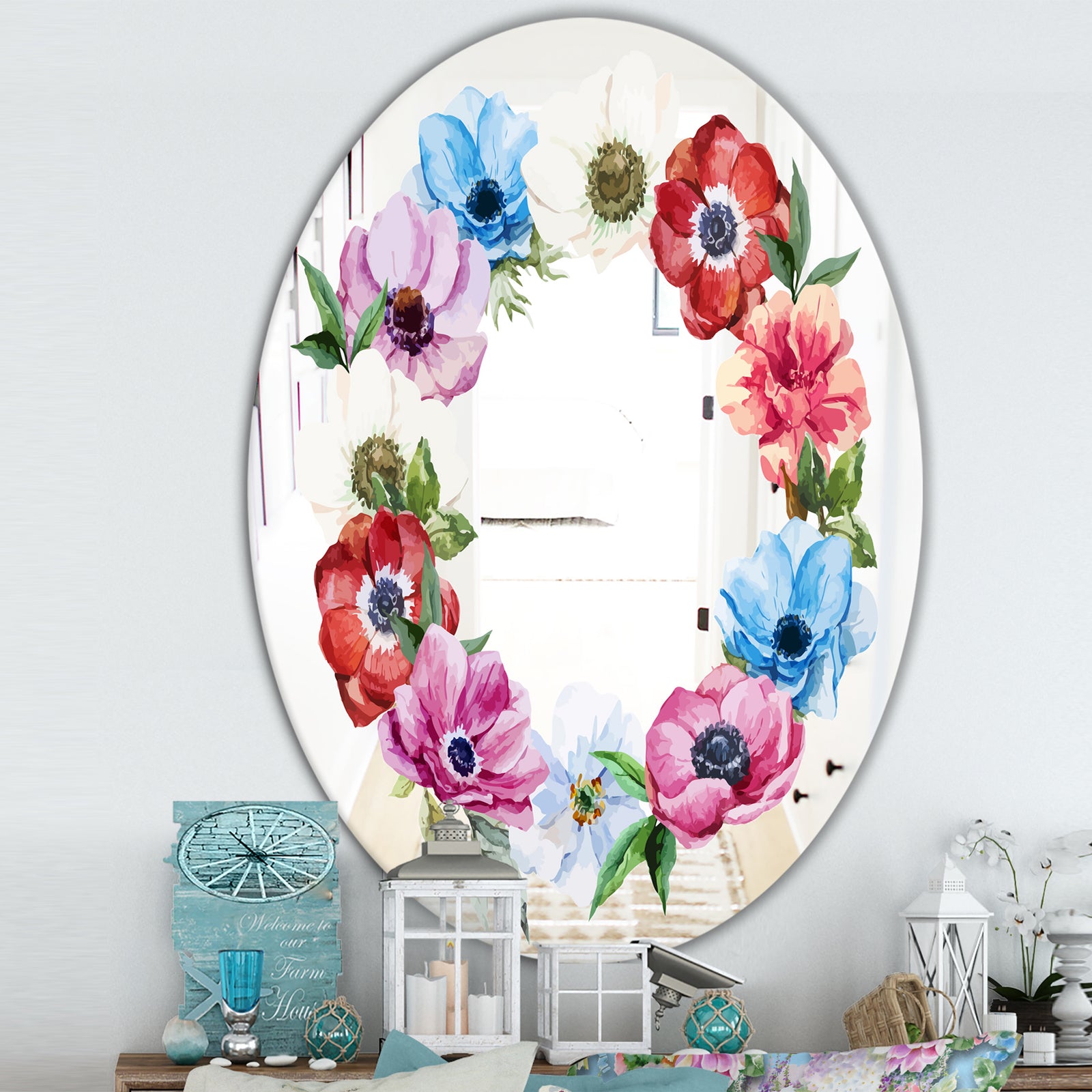 Pastel Flower Wreath 2 - Cabin and Lodge Mirror - Oval or Round Vanity Mirror