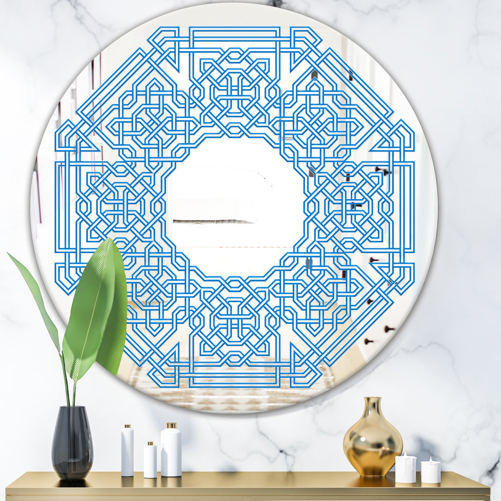 Blue Maze Shape - Mid-Century Mirror - Oval or Round Wall Mirror