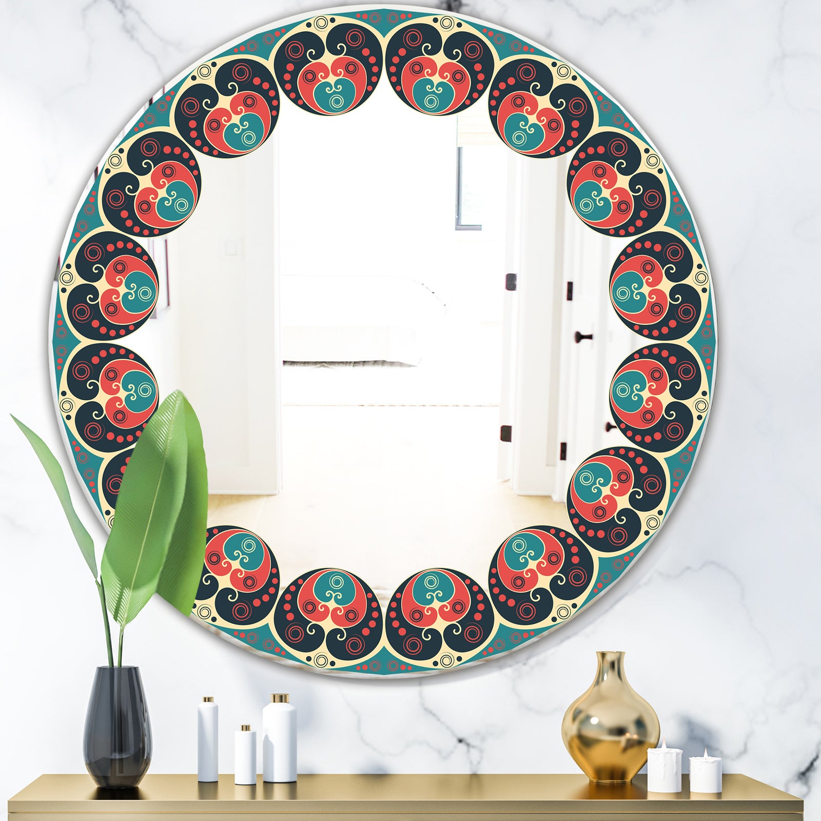 Blue and Orange Pattern - Mid-Century Mirror - Oval or Round Wall Mirror