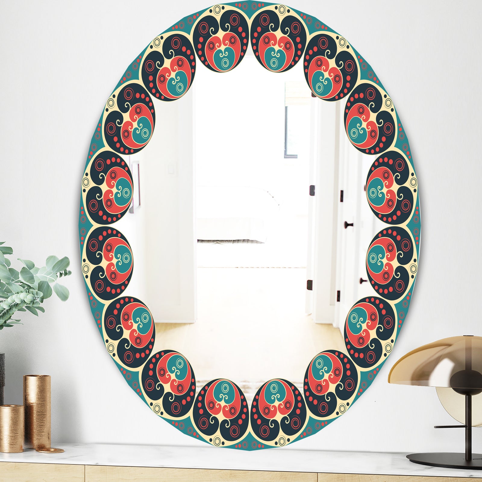 Blue and Orange Pattern - Mid-Century Mirror - Oval or Round Wall Mirror