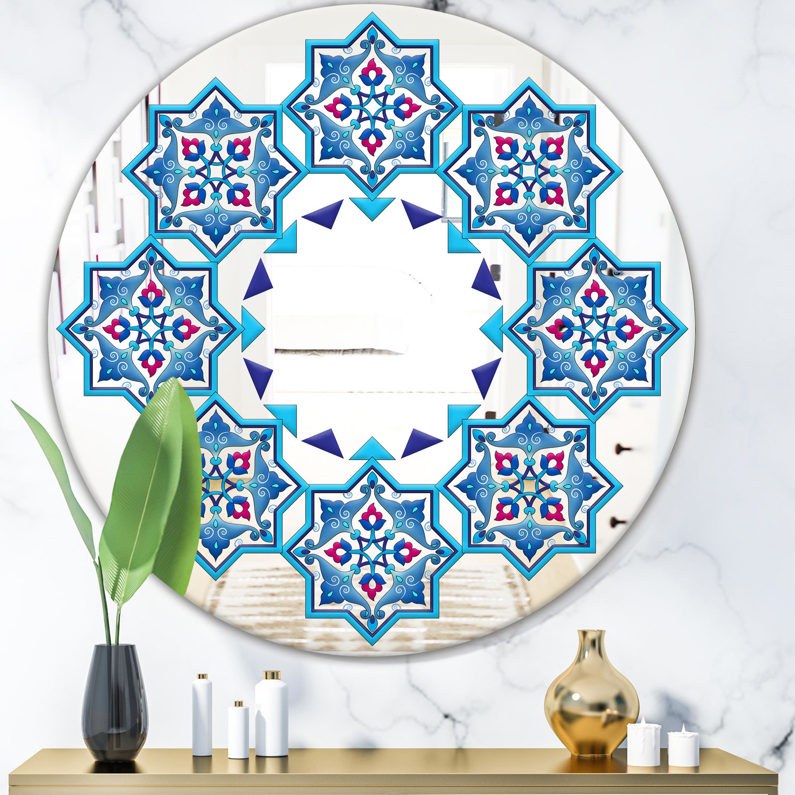 Blue Stars In Stars - Mid-Century Mirror - Oval or Round Wall Mirror