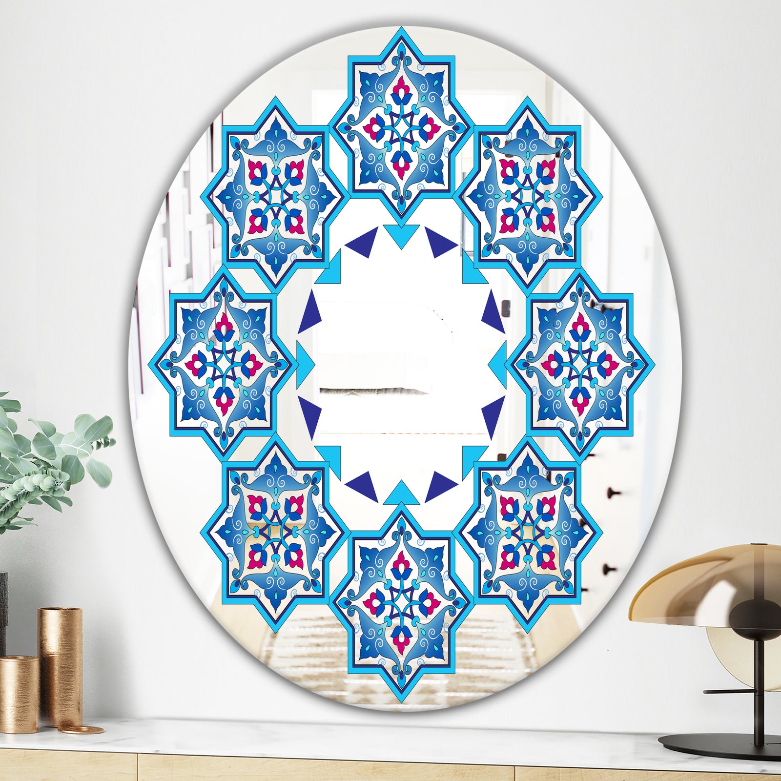 Blue Stars In Stars - Mid-Century Mirror - Oval or Round Wall Mirror