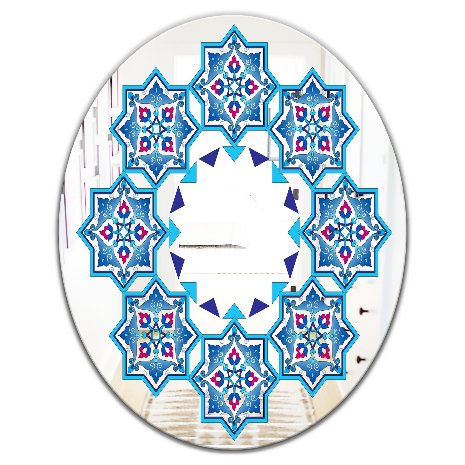 Blue Stars In Stars - Mid-Century Mirror - Oval or Round Wall Mirror