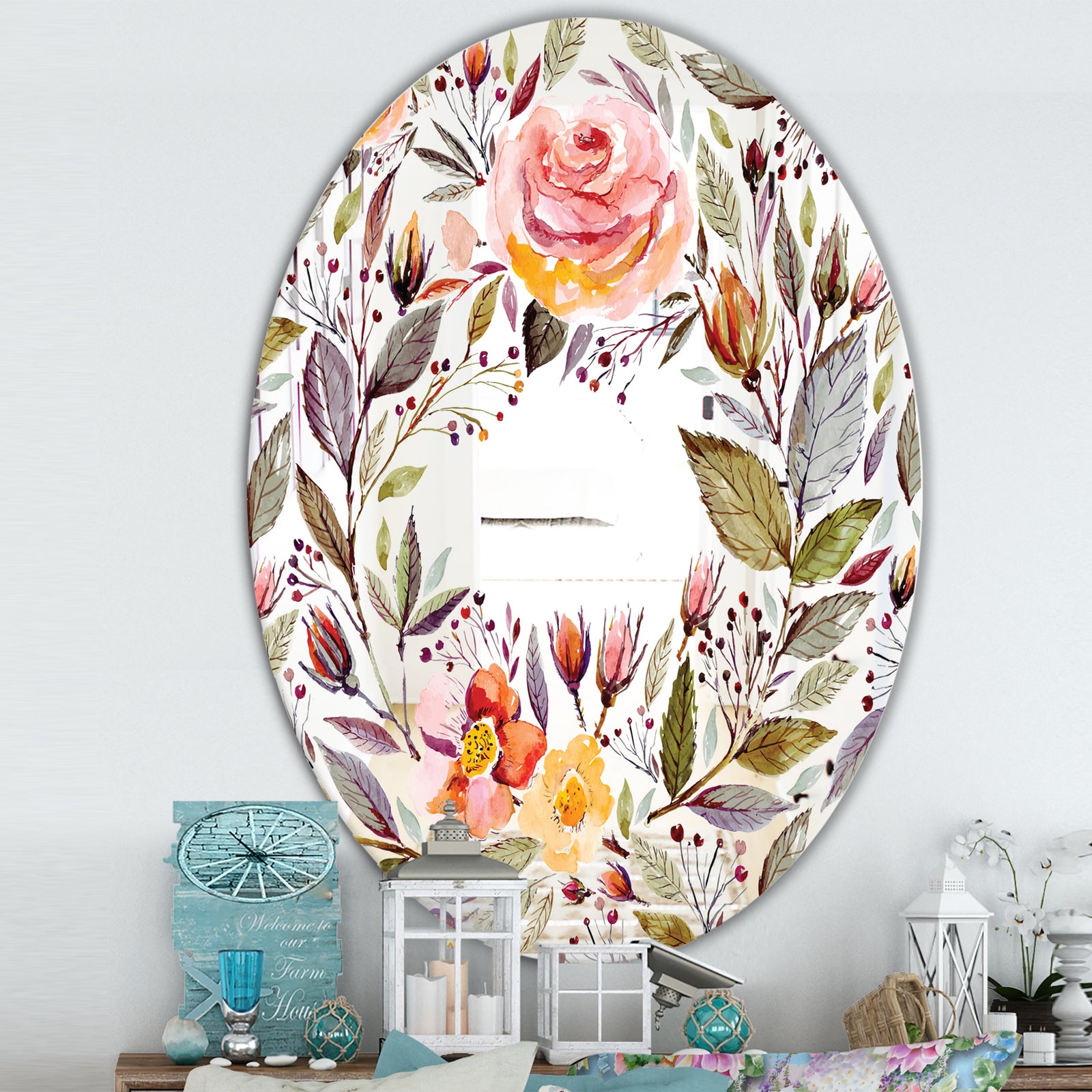 Floral Pastel - Cabin and Lodge Mirror - Oval or Round Wall Mirror