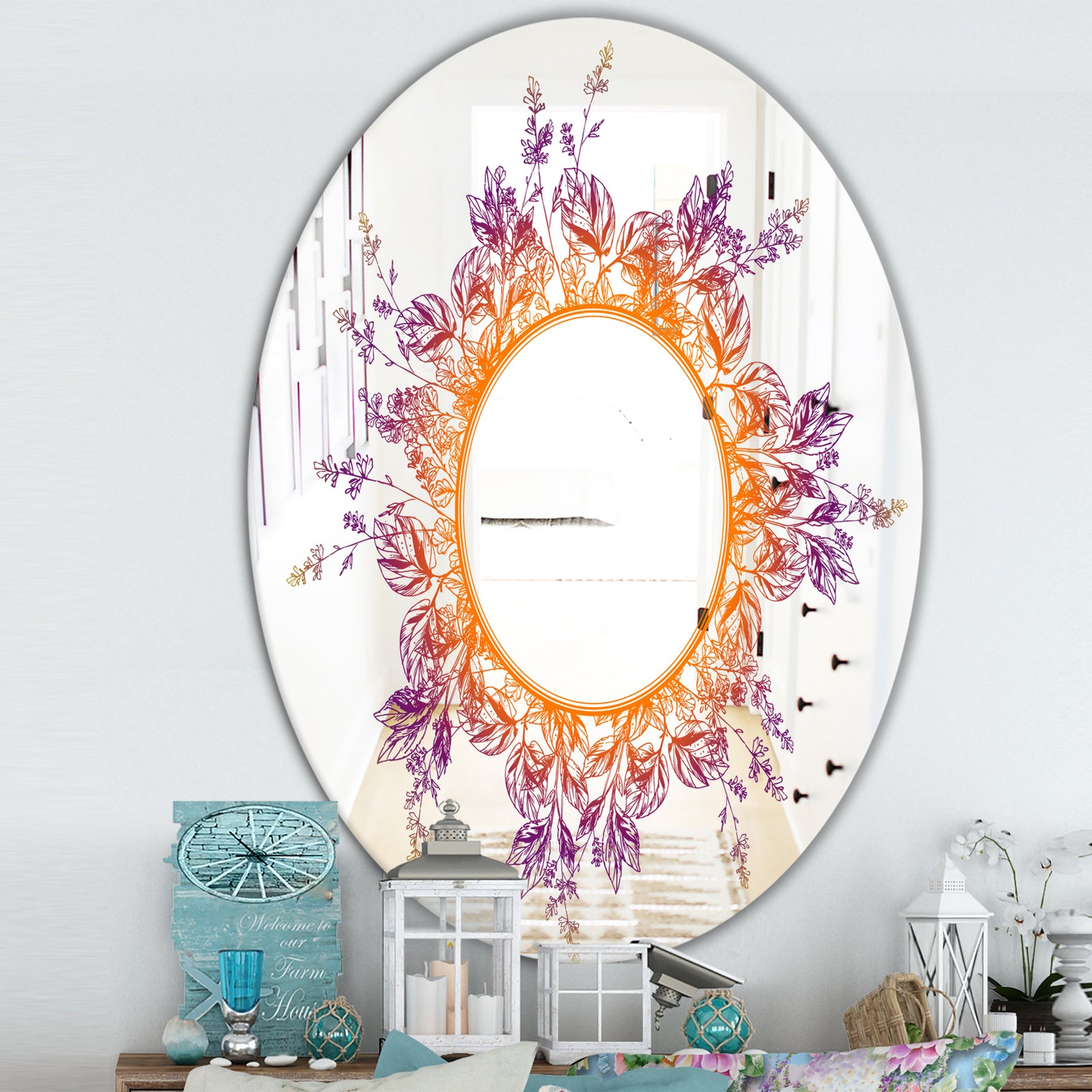 Purple and Orange Leaves - Farmhouse Mirror - Frameless Round Oval Wall Mirror
