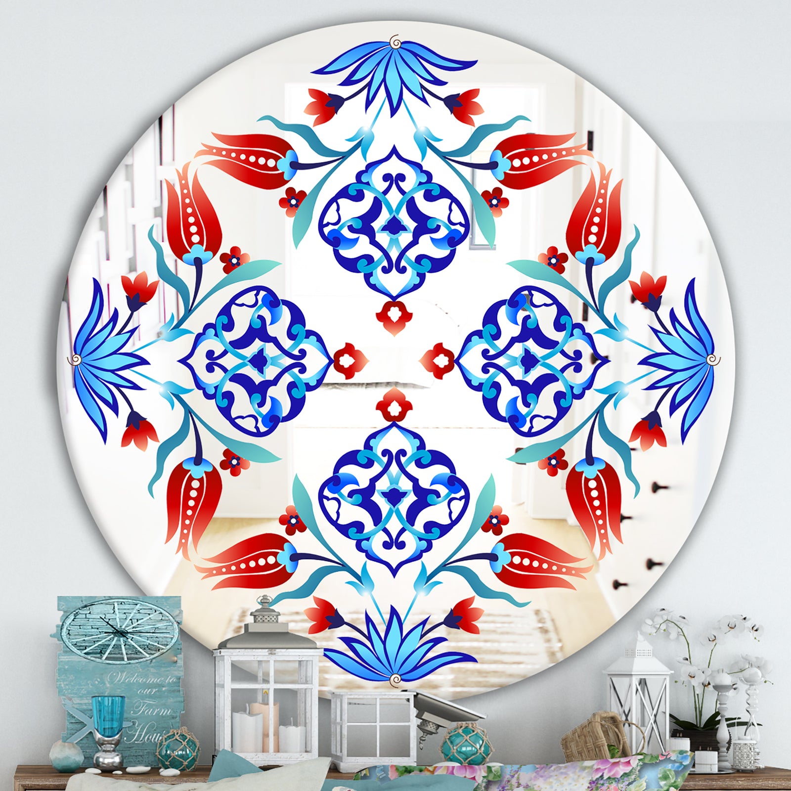 Red Tulips and Blue Flowers - Traditional Mirror - Oval or Round Wall Mirror