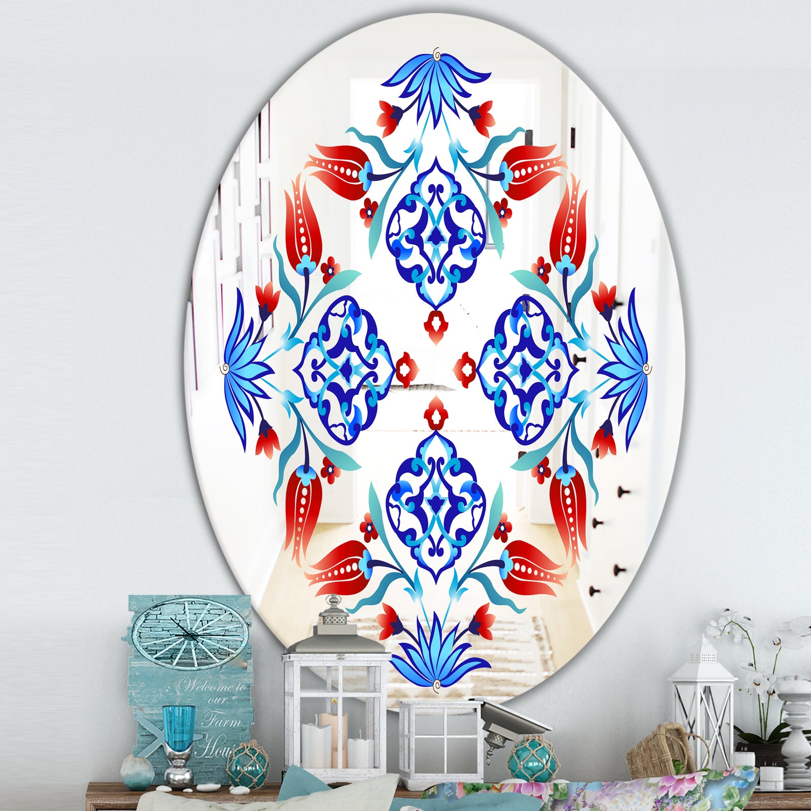 Red Tulips and Blue Flowers - Traditional Mirror - Oval or Round Wall Mirror