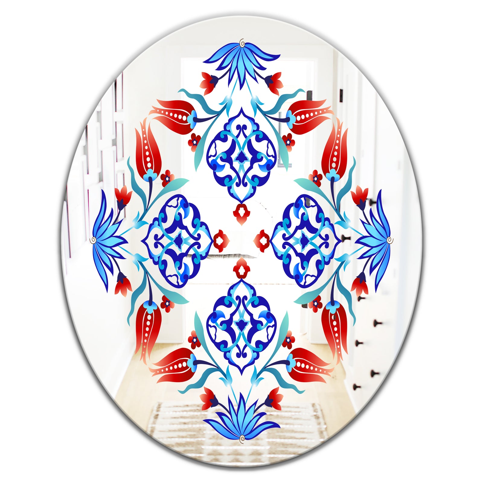 Red Tulips and Blue Flowers - Traditional Mirror - Oval or Round Wall Mirror