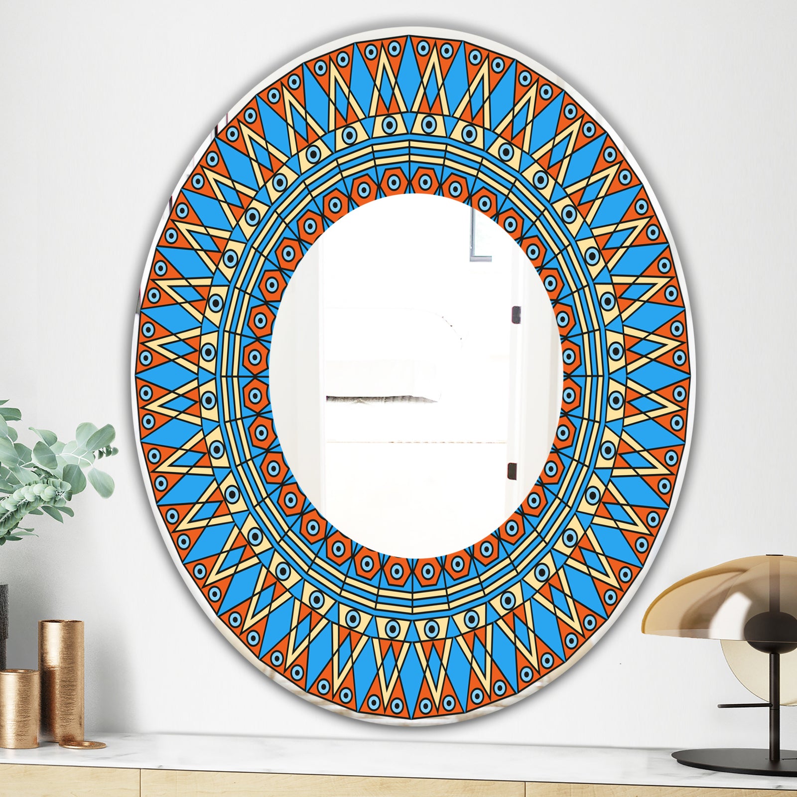 Orange and Blue Pattern - Mid-Century Mirror - Oval or Round Decorative Mirror