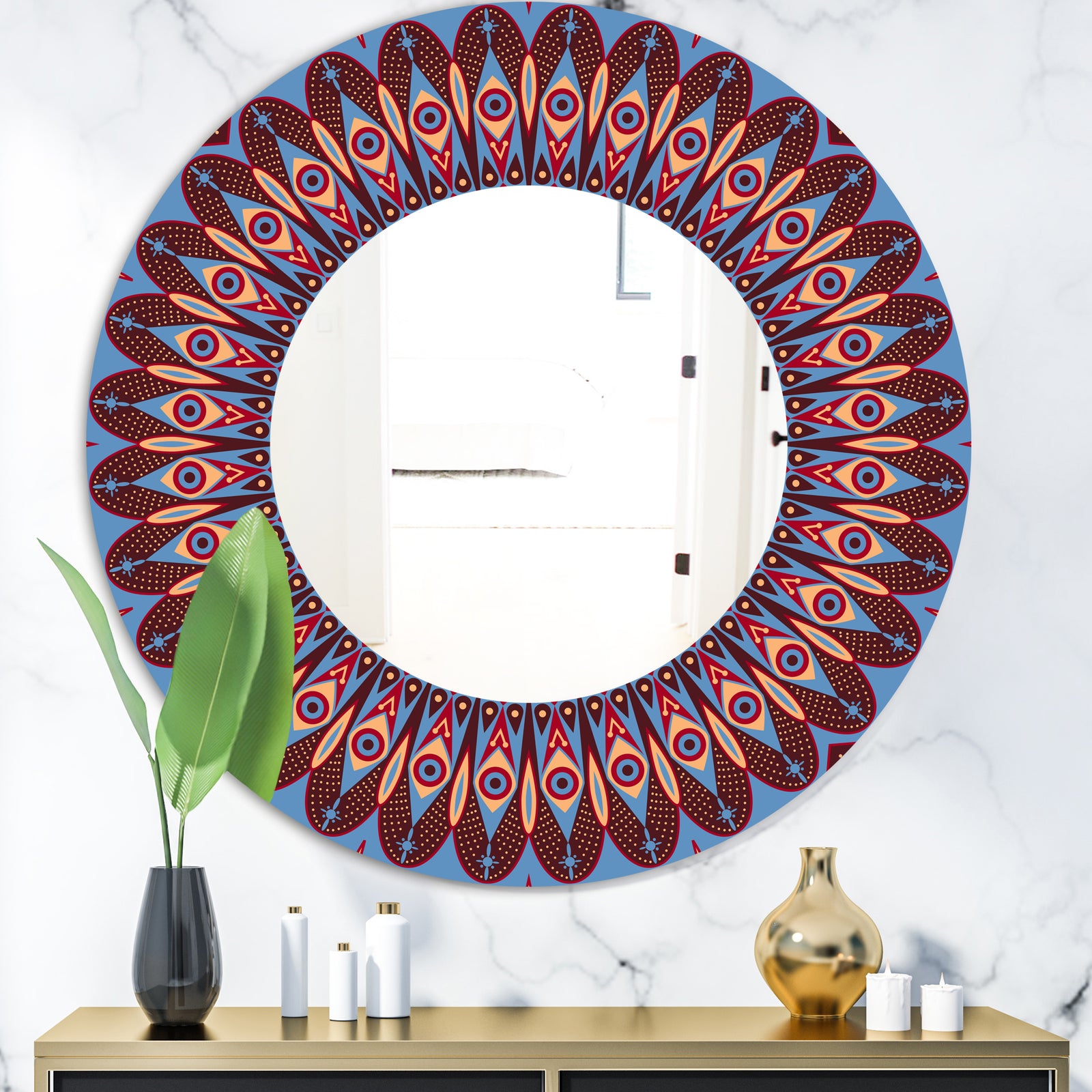 Blue and Brown Feathers - Modern Mirror - Oval or Round Wall Mirror