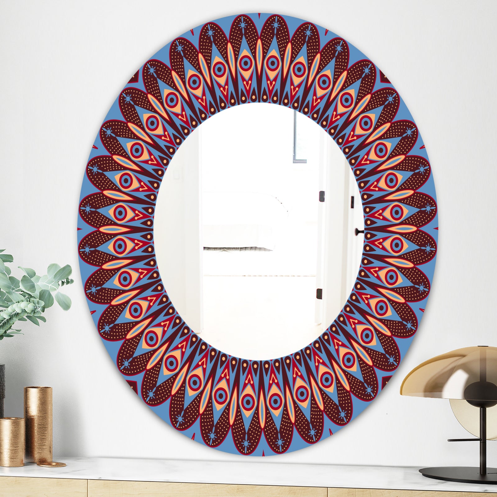 Blue and Brown Feathers - Modern Mirror - Oval or Round Wall Mirror