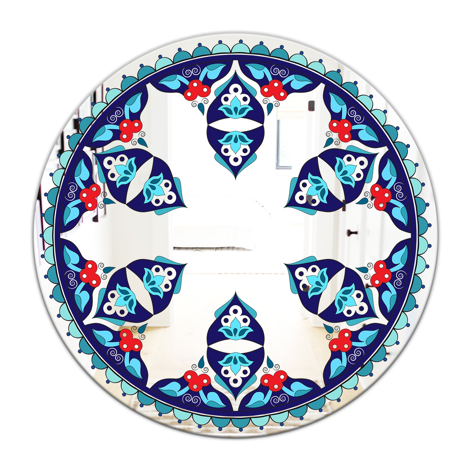 Blue and Red Pattern - Bohemian and Eclectic Mirror - Oval or Round Wall Mirror
