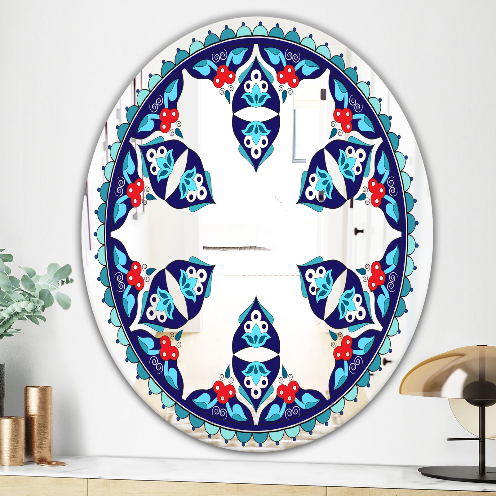Blue and Red Pattern - Bohemian and Eclectic Mirror - Oval or Round Wall Mirror