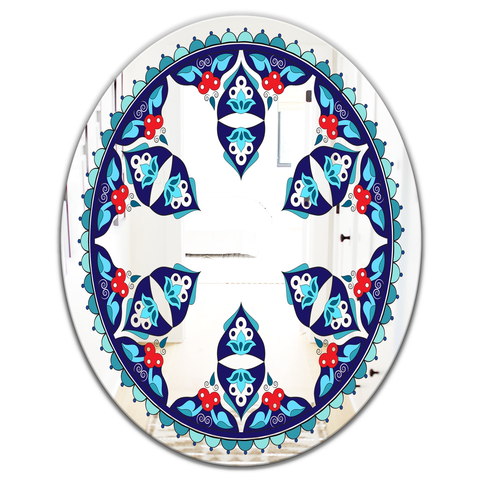 Blue and Red Pattern - Bohemian and Eclectic Mirror - Oval or Round Wall Mirror