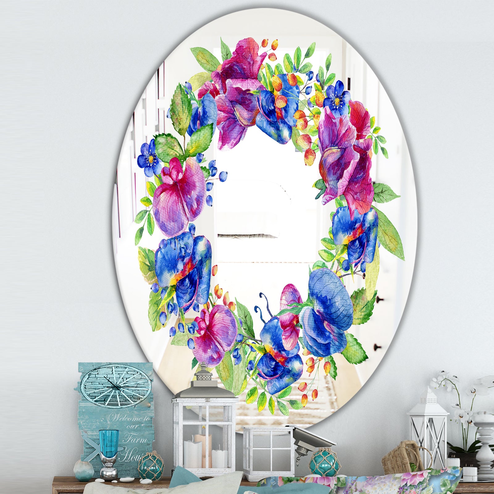Blue Wreath Flower - Farmhouse Mirror - Oval or Round Wall Mirror