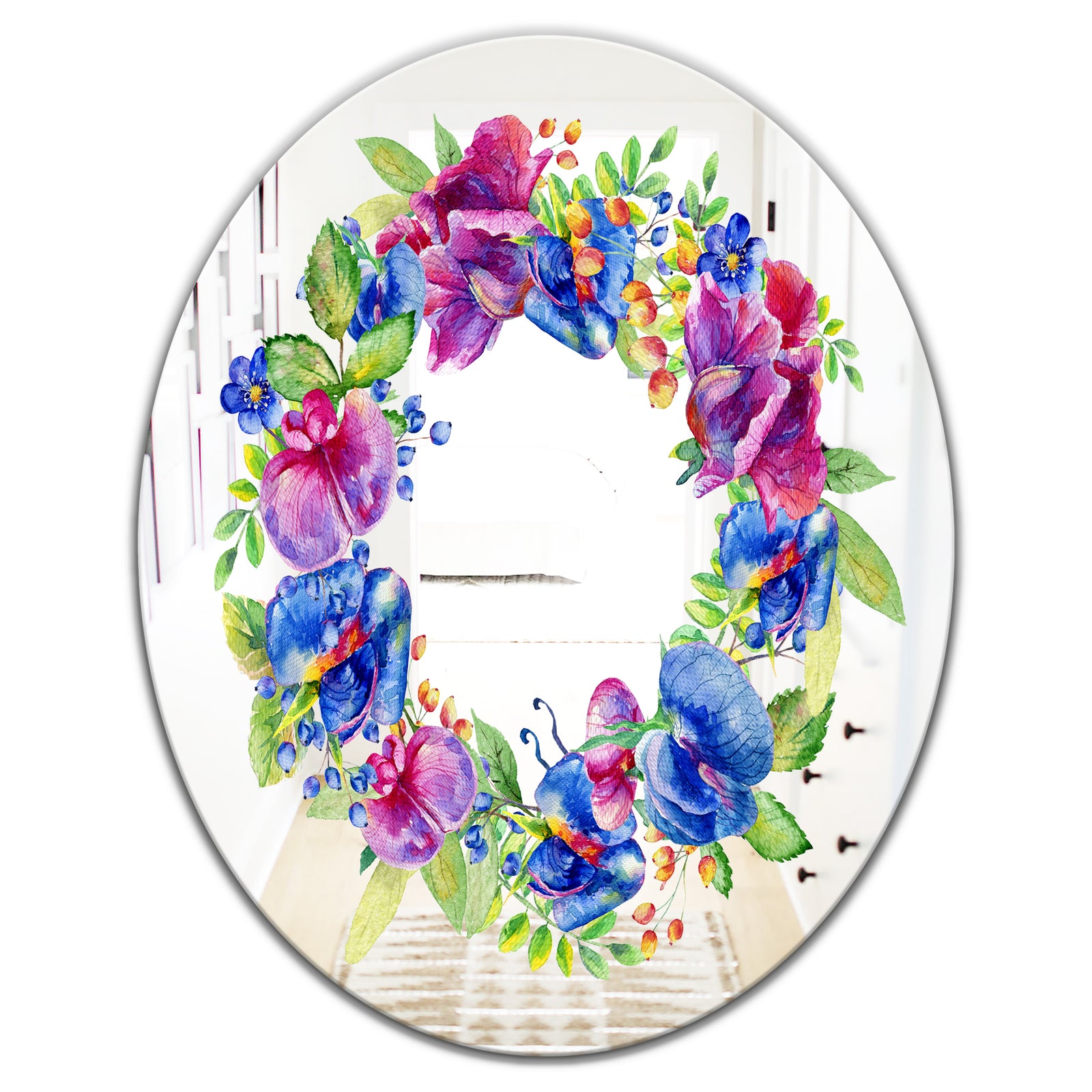 Blue Wreath Flower - Farmhouse Mirror - Oval or Round Wall Mirror