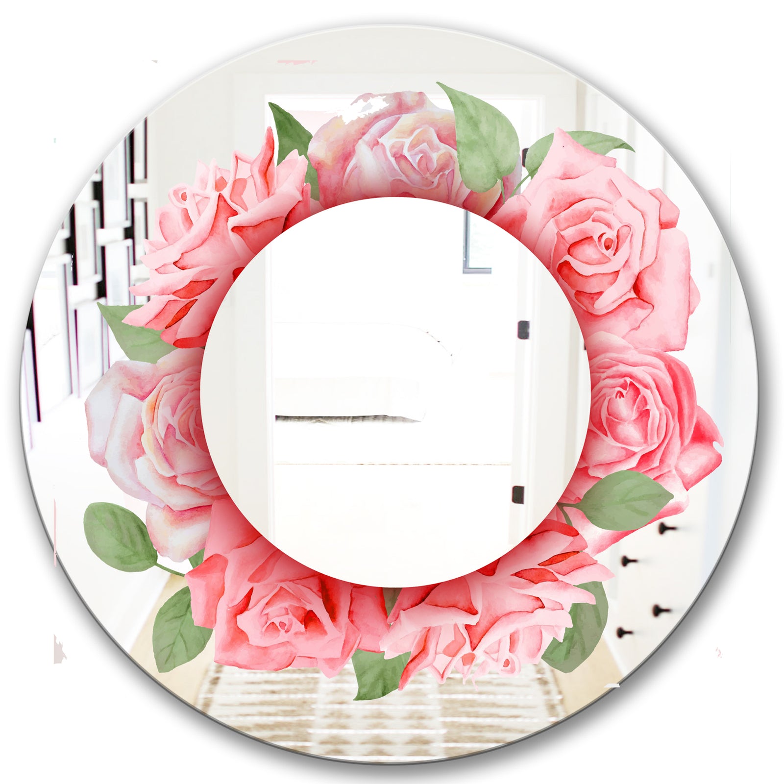 Pink Roses Leaves - Farmhouse Mirror - Oval or Round Wall Mirror