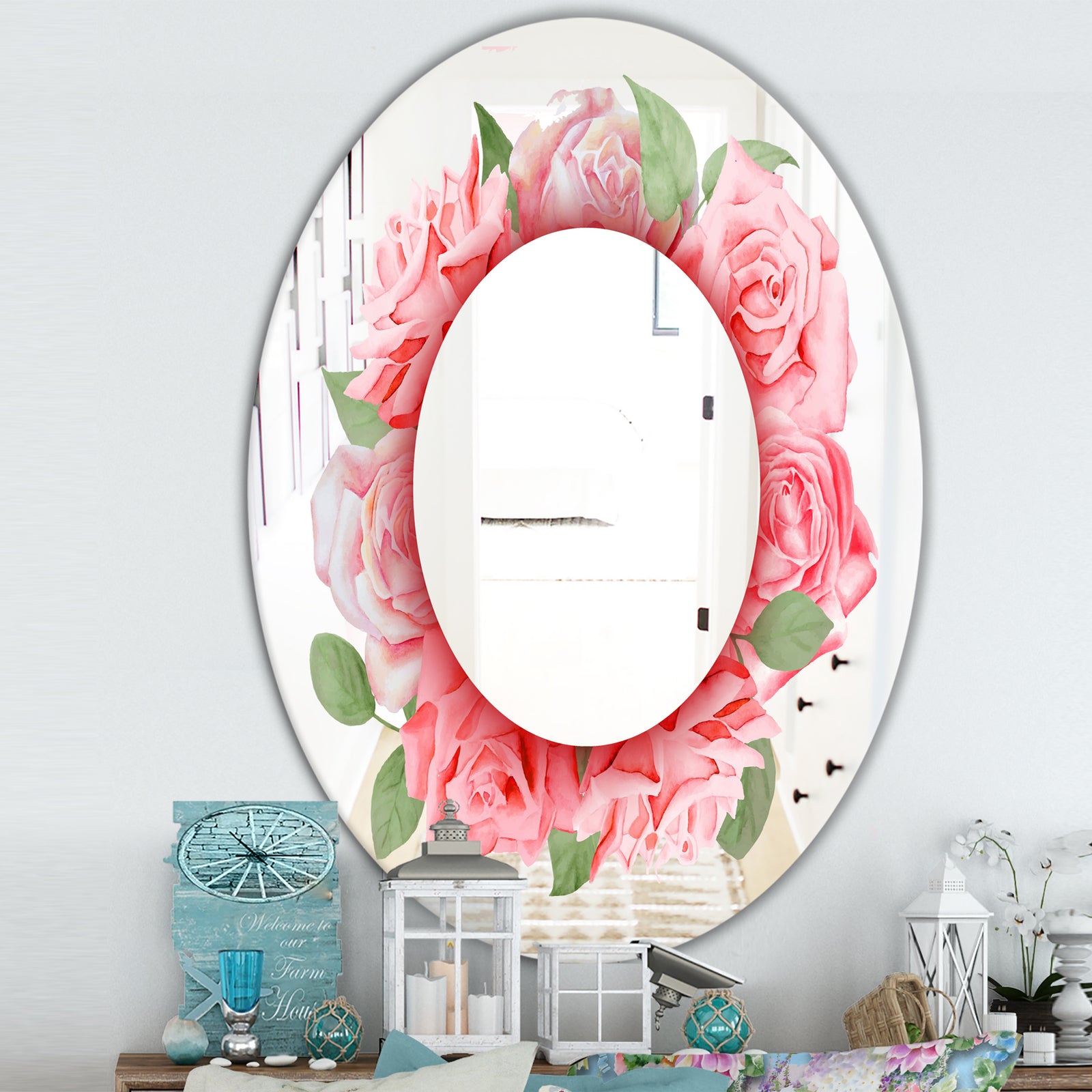 Pink Roses Leaves - Farmhouse Mirror - Oval or Round Wall Mirror