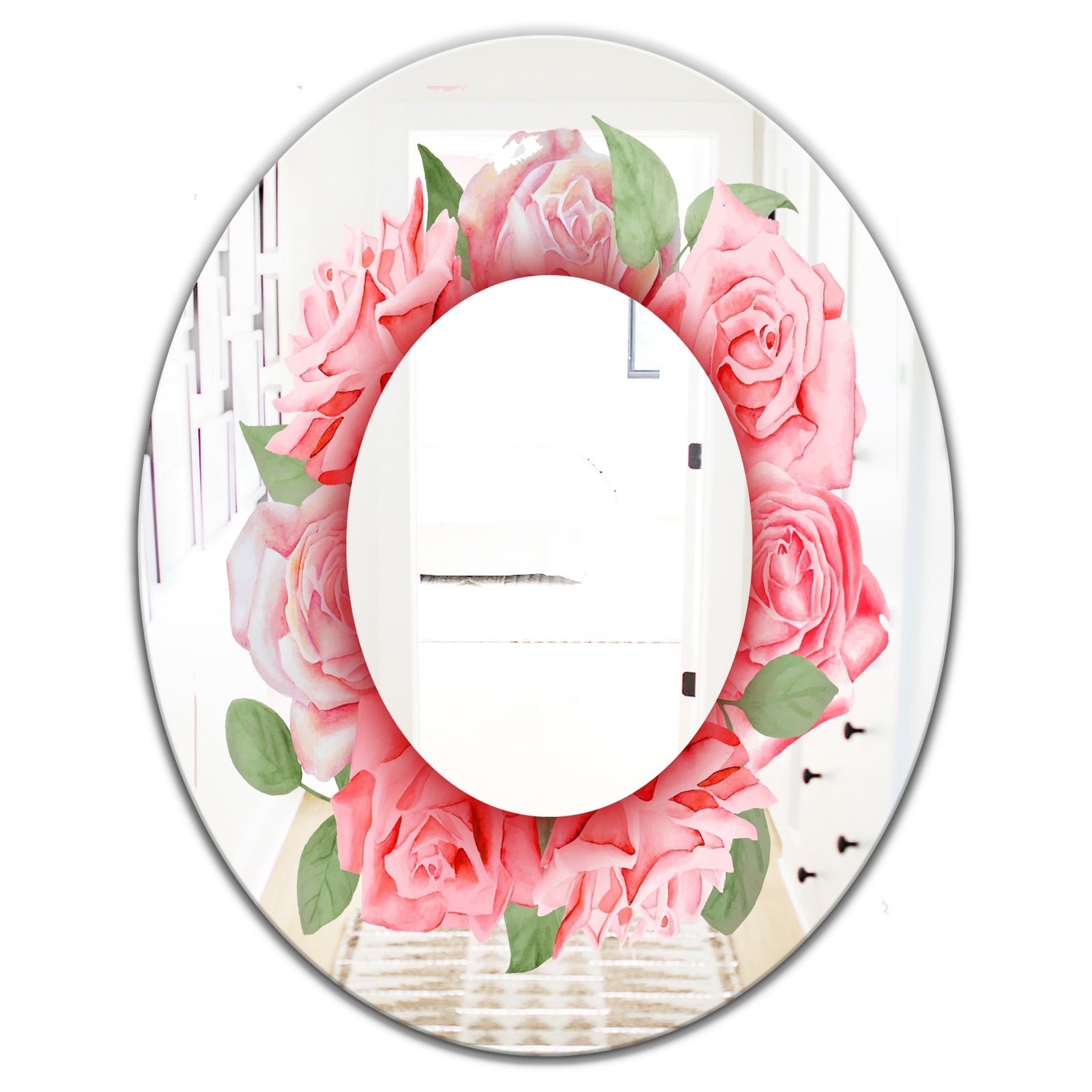Pink Roses Leaves - Farmhouse Mirror - Oval or Round Wall Mirror
