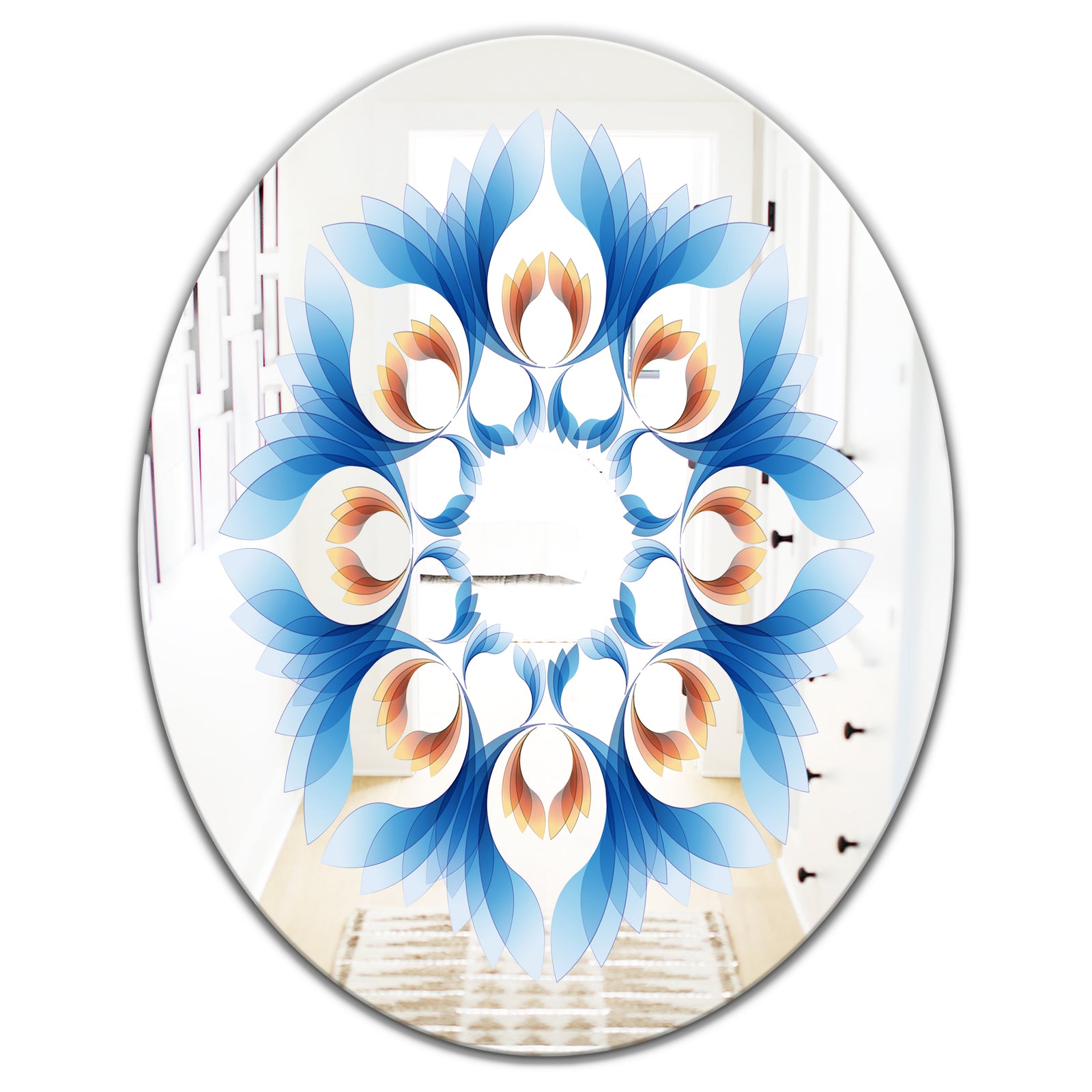 Blue Growing Flowers - Mid-Century Mirror - Oval or Round Wall Mirror