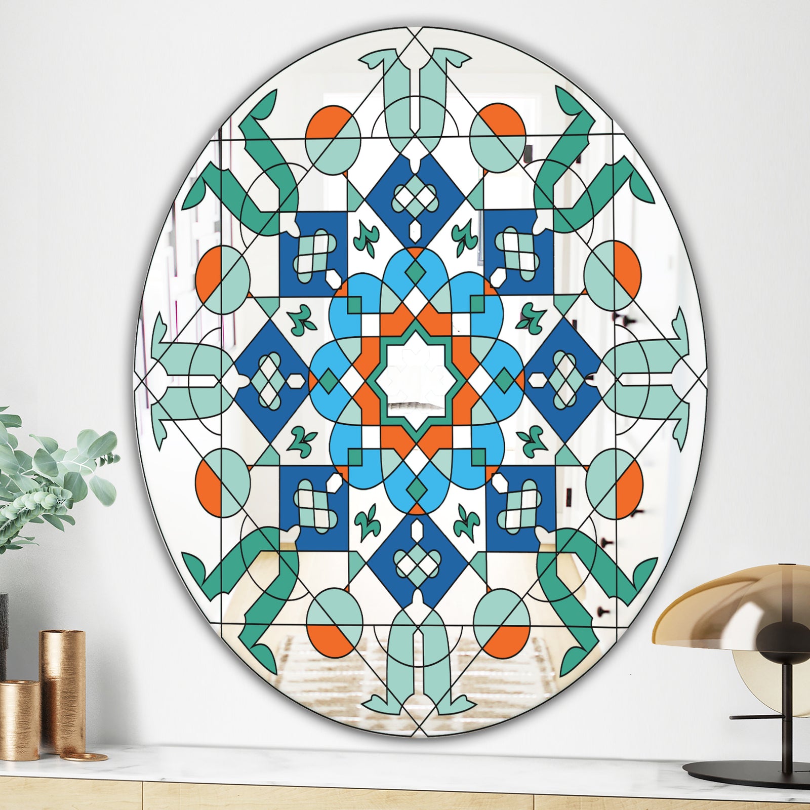 Green Glass Pattern - Mid-Century Mirror - Oval and Circle Wall Mirror