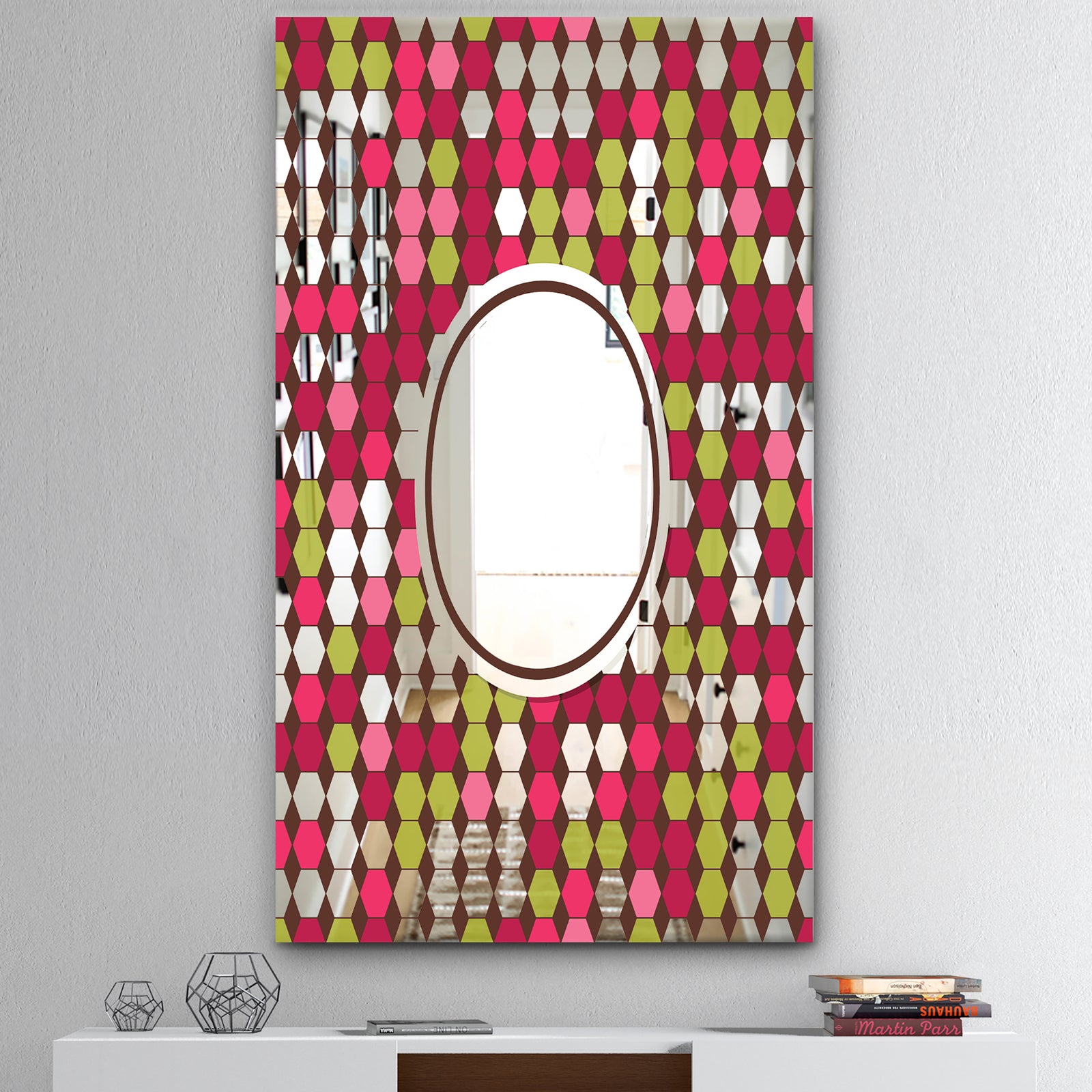 Pink and Green Hexagons - Mid-Century Mirror - Wall Mirror