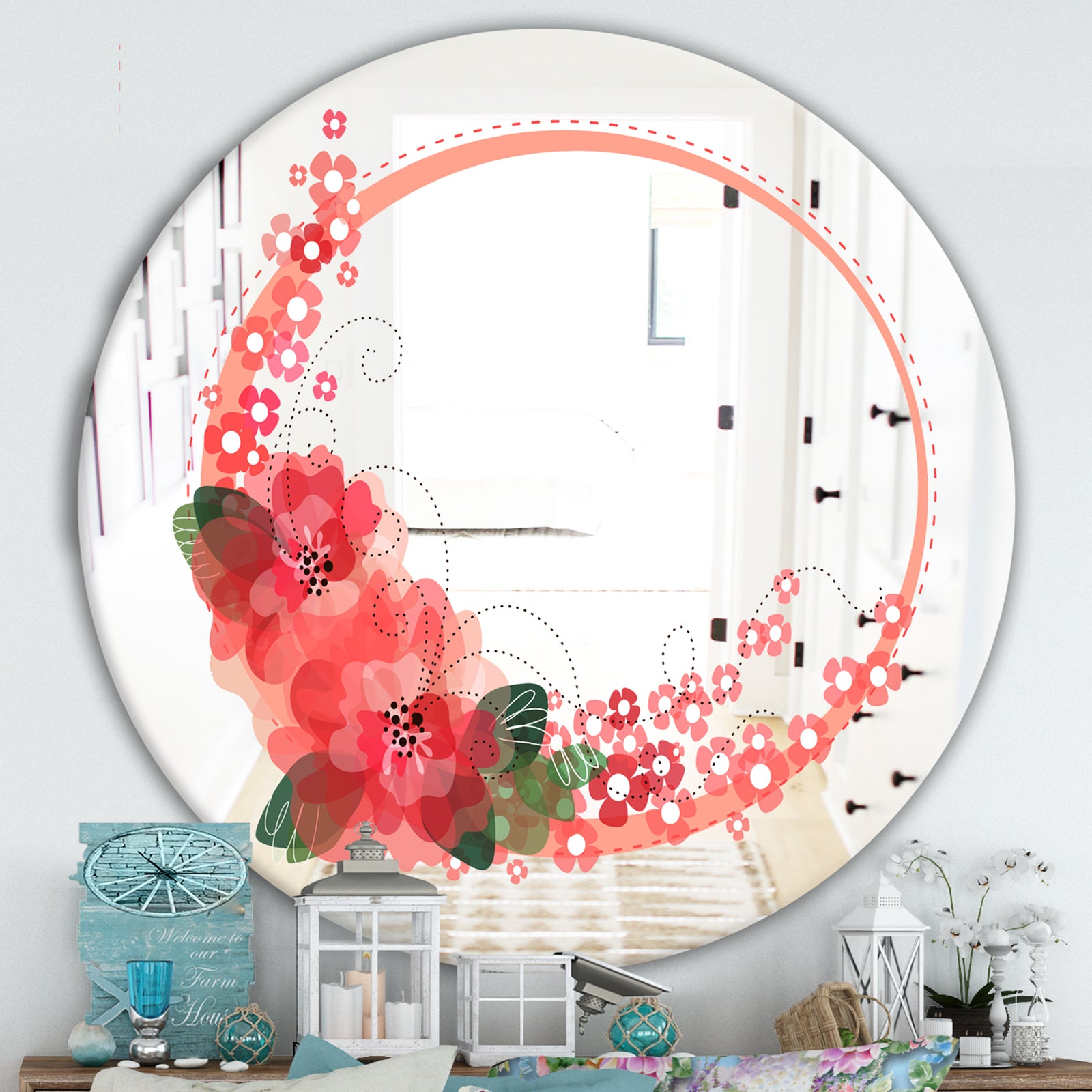 Pink Flower Bouquet - Cabin and Lodge Mirror - Round Wall Mirror