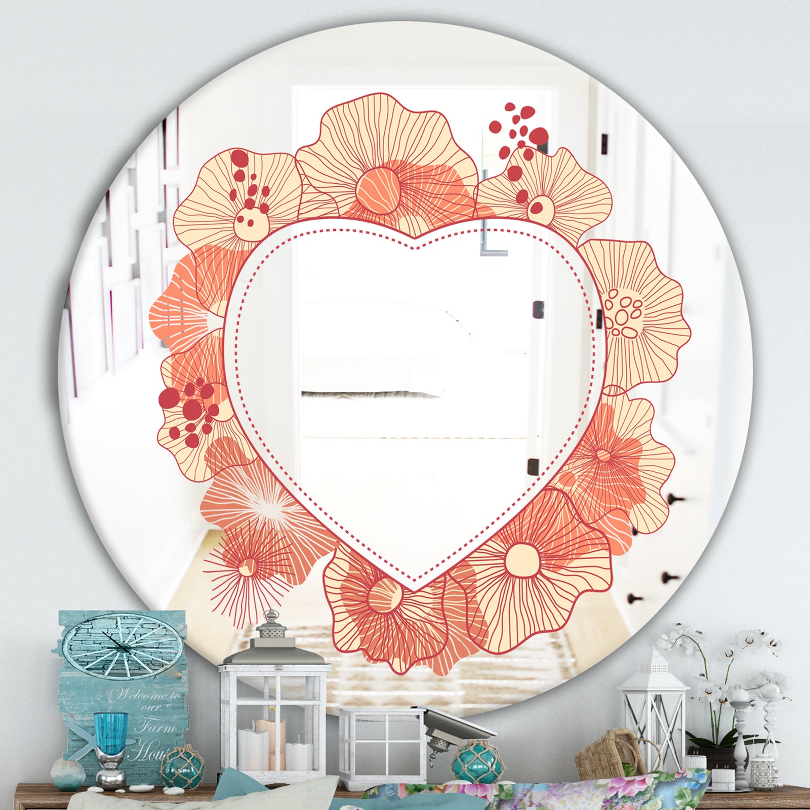 Pink Flower Heart Love - Cabin and Lodge Mirror - Round Wall Mirror