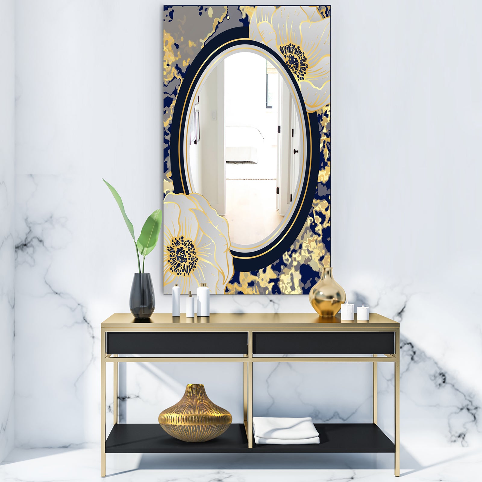 Botanical Gold Floral Arrangement I - Glam Mirror - Frameless Vanity Mirror