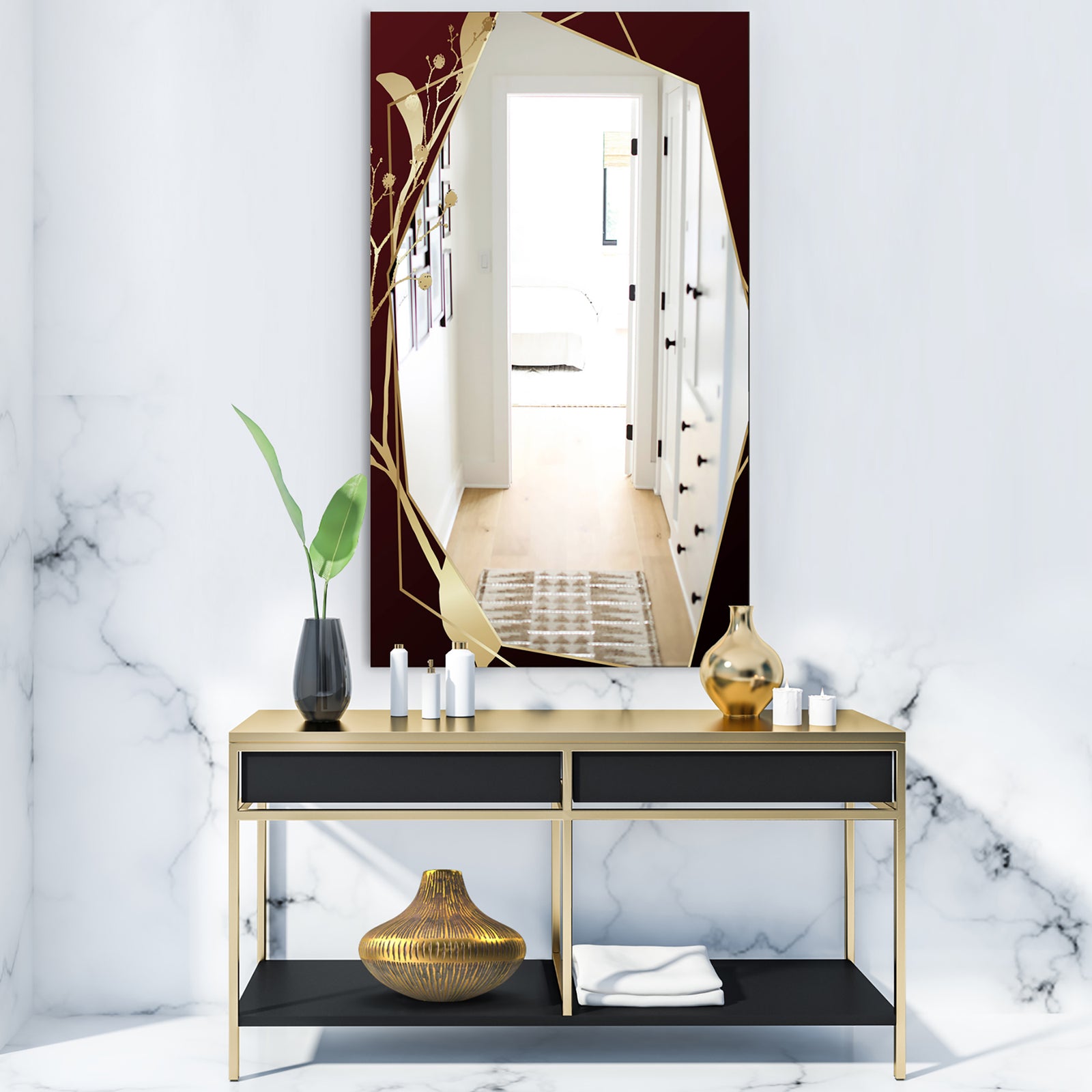 Black and Gold Marble Floral Geometric I - Glam Mirror - Vanity Mirror