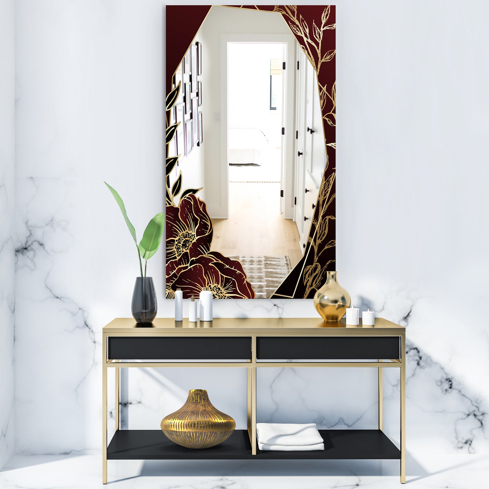 Black and Gold Marble Floral Geometric IV - Glam Mirror - Frameless Vanity Mirror