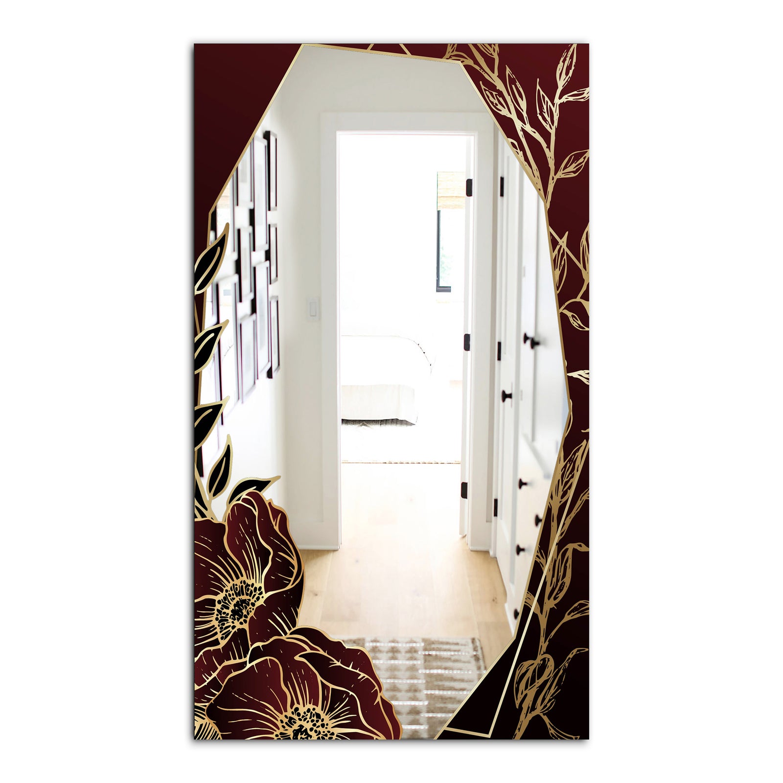 Black and Gold Marble Floral Geometric IV - Glam Mirror - Frameless Vanity Mirror