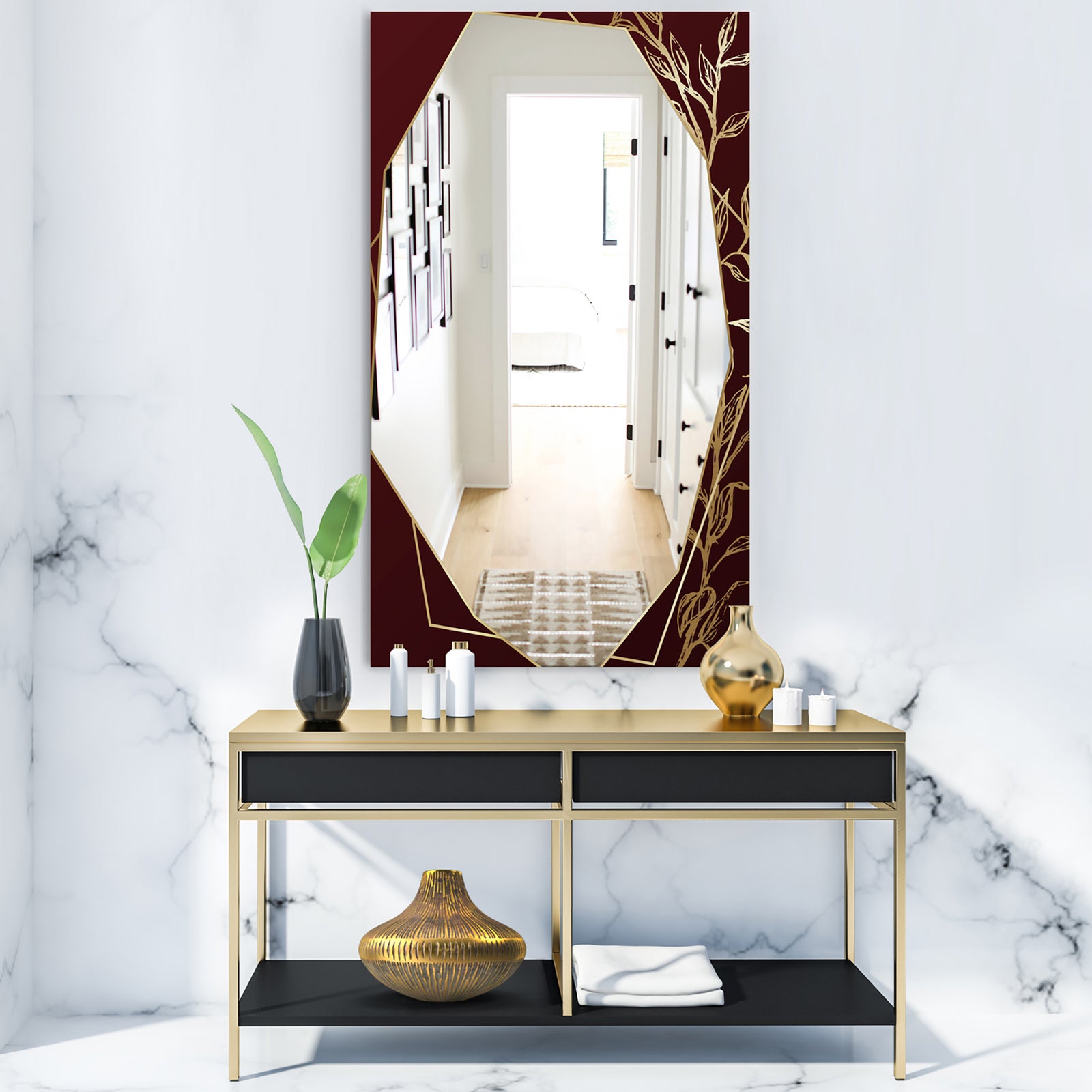 Black and Gold Marble Floral Geometric V - Glam Mirror - Frameless Vanity Mirror
