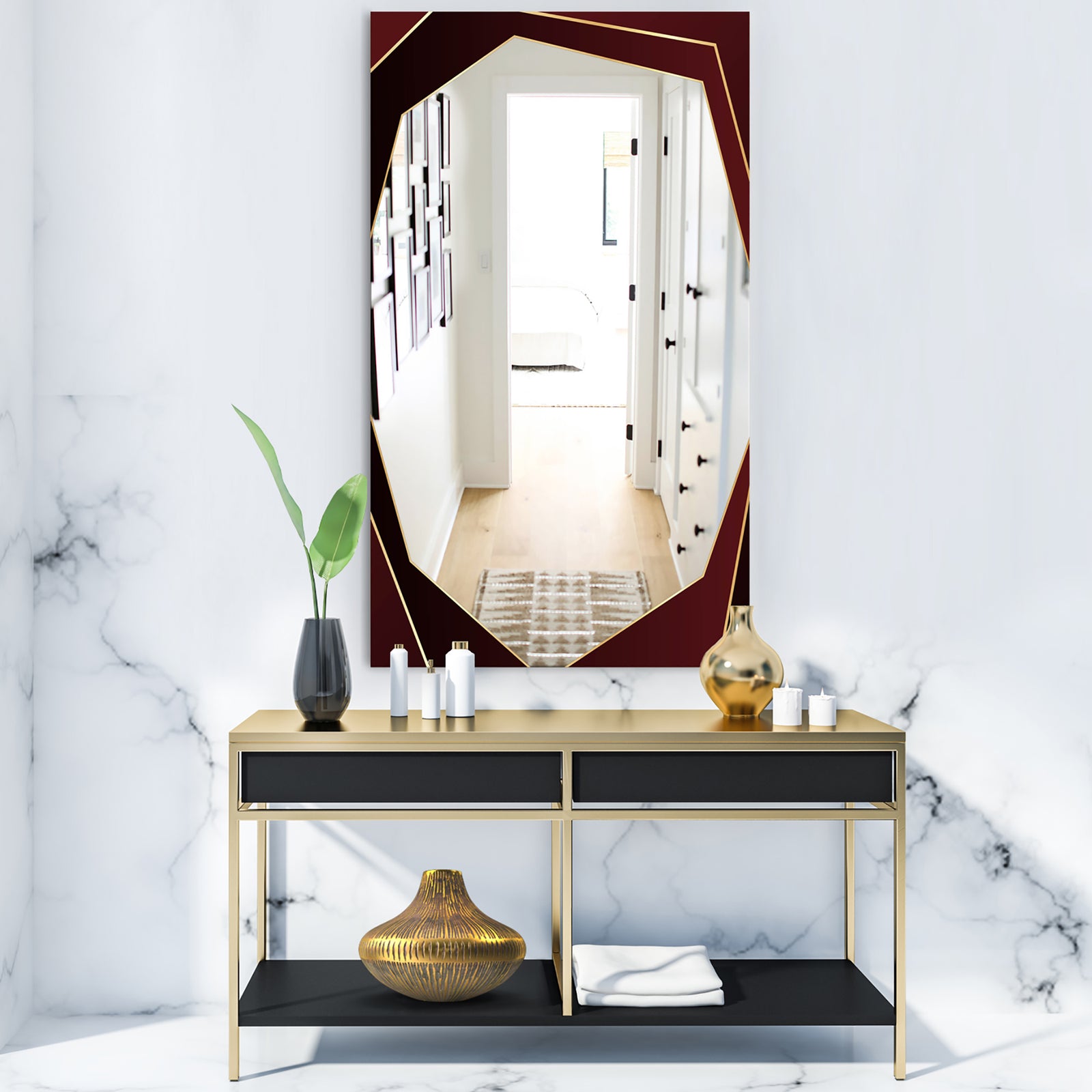 Black and Gold Marble Floral Geometric VII - Glam Mirror - Frameless Vanity Mirror