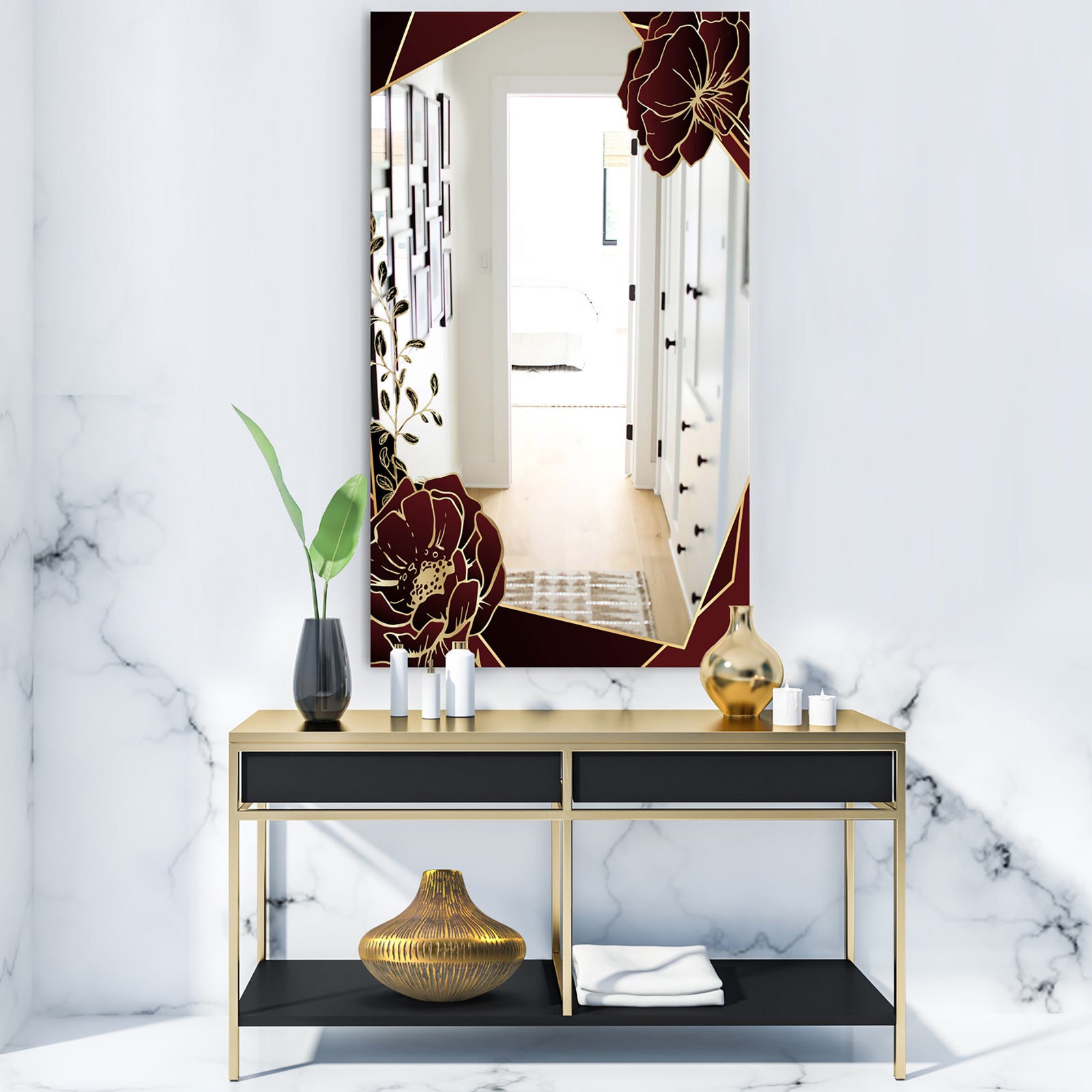 Black and Gold Marble Floral Geometric VIII - Glam Mirror - Frameless Vanity Mirror