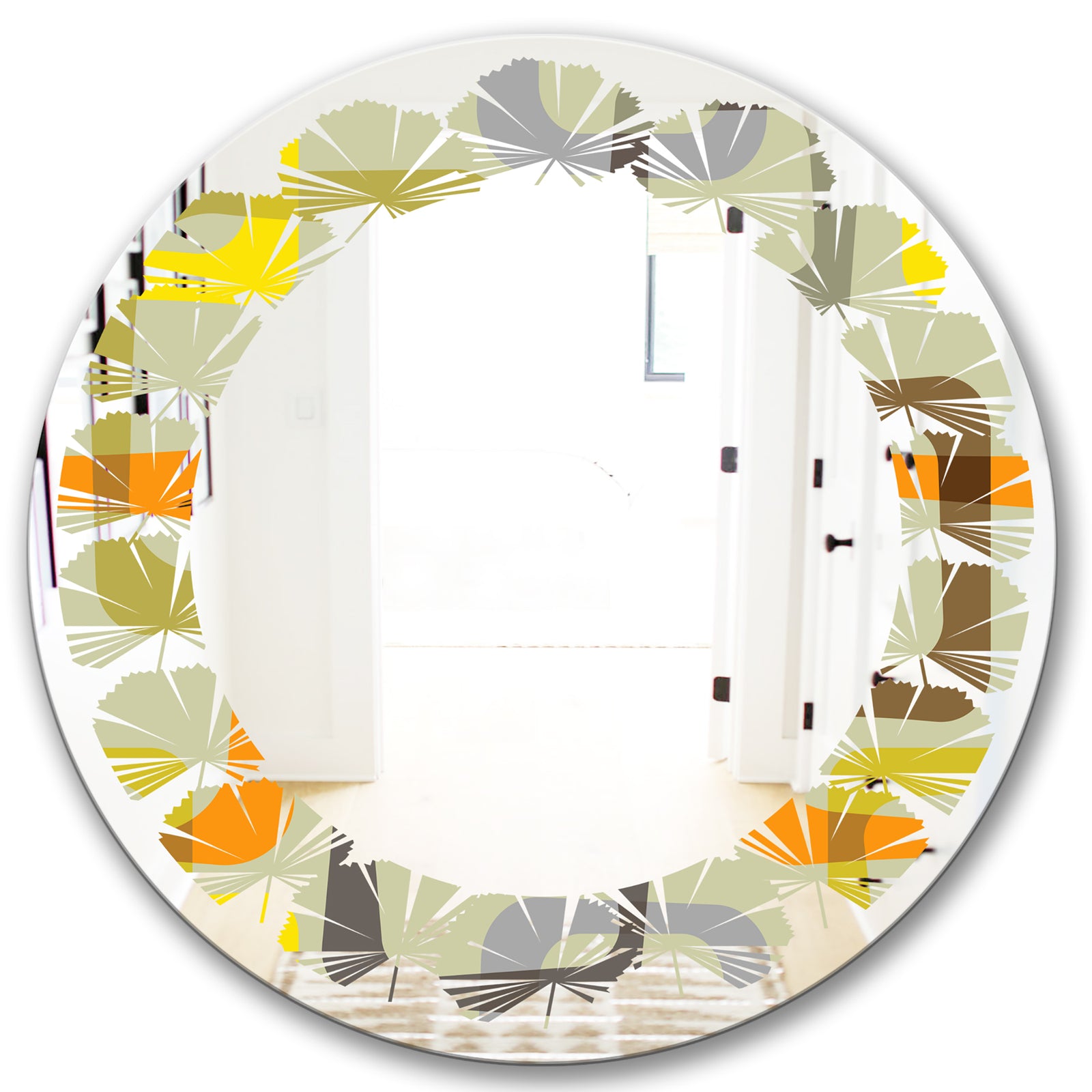 Retro Square Design VII - Modern Round or Oval Wall Mirror - Leaves