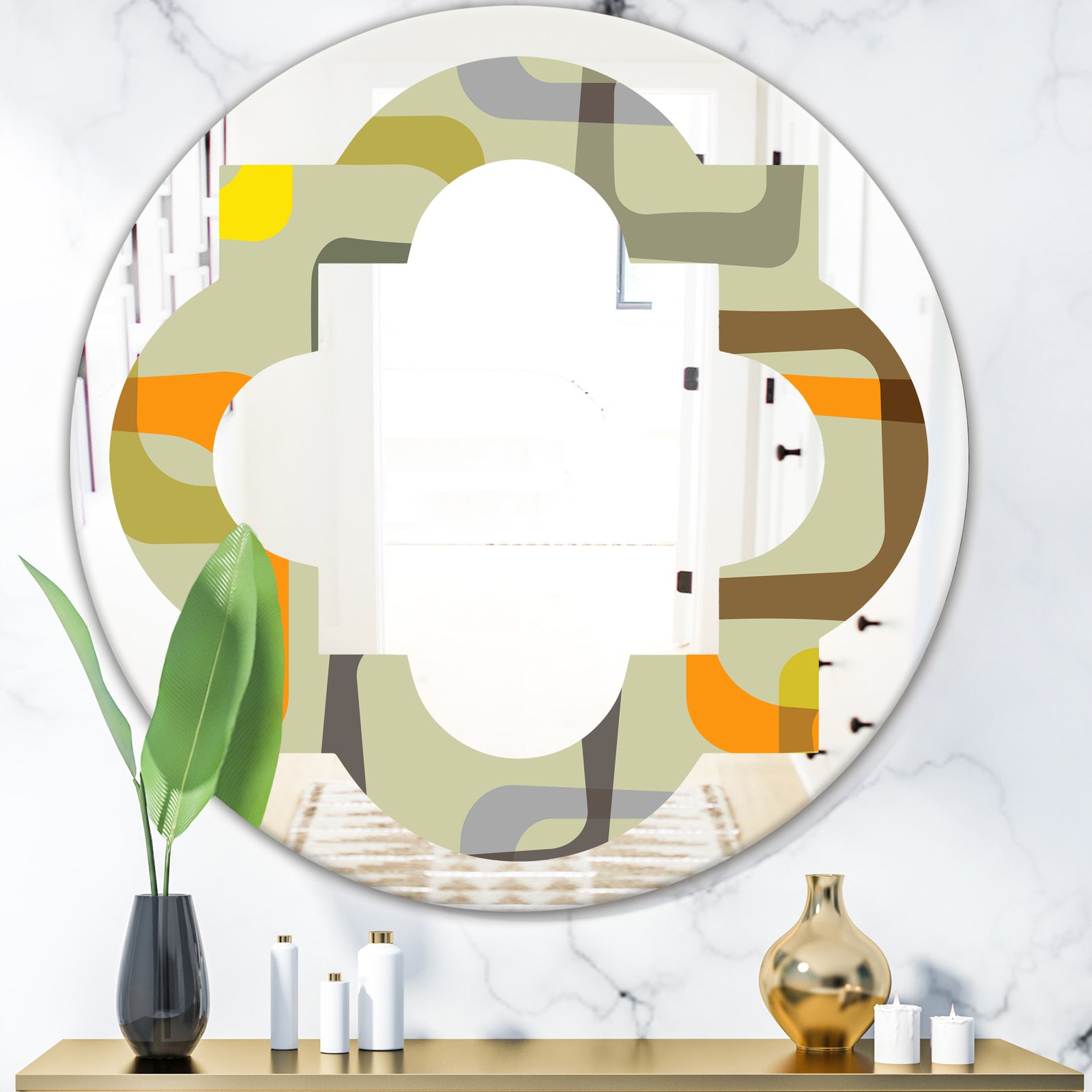 Retro Square Design VII - Modern Round or Oval Wall Mirror - Quatrefoil