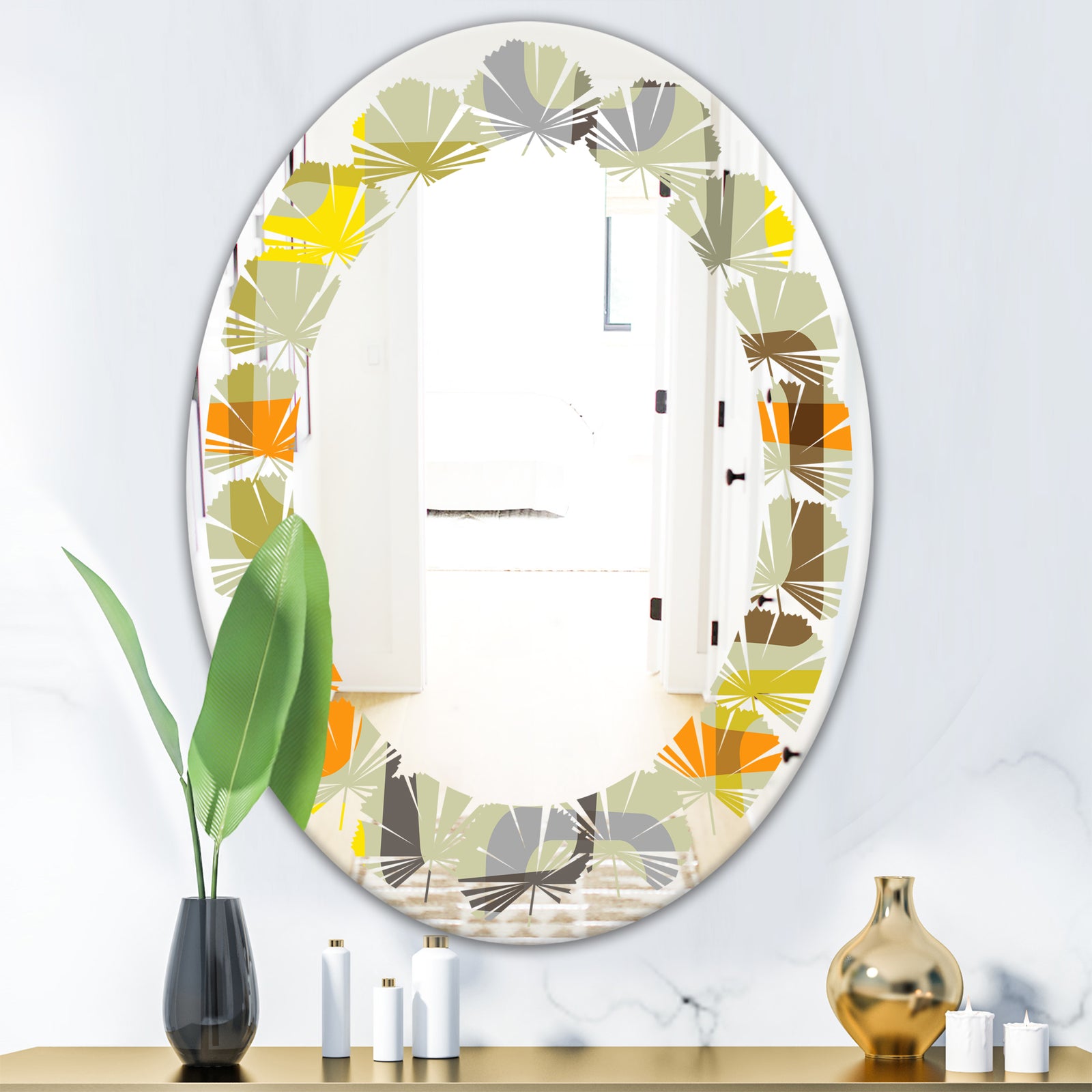 Retro Square Design VII - Modern Round or Oval Wall Mirror - Leaves
