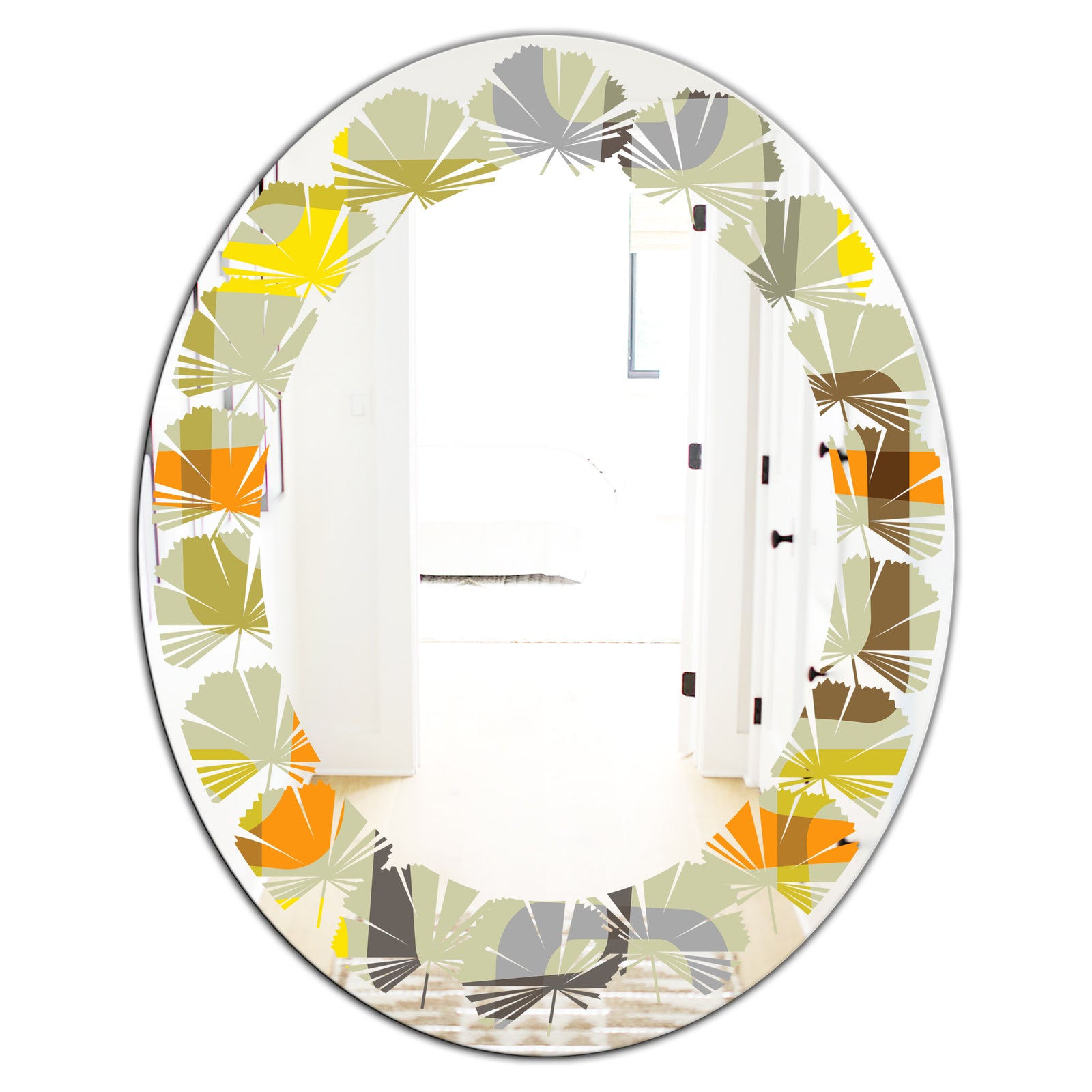 Retro Square Design VII - Modern Round or Oval Wall Mirror - Leaves