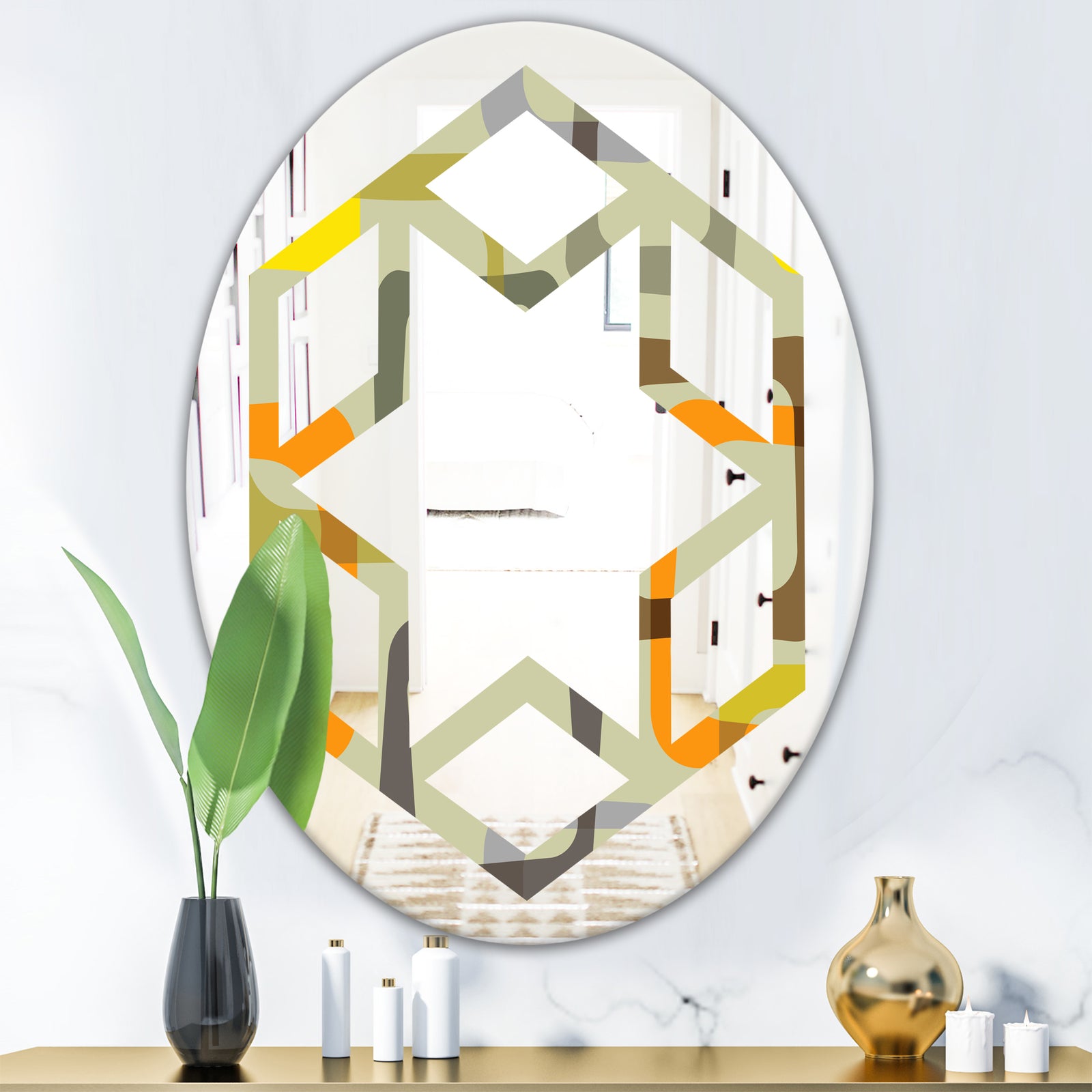 Retro Square Design VII - Modern Round or Oval Wall Mirror - Hexagon Star