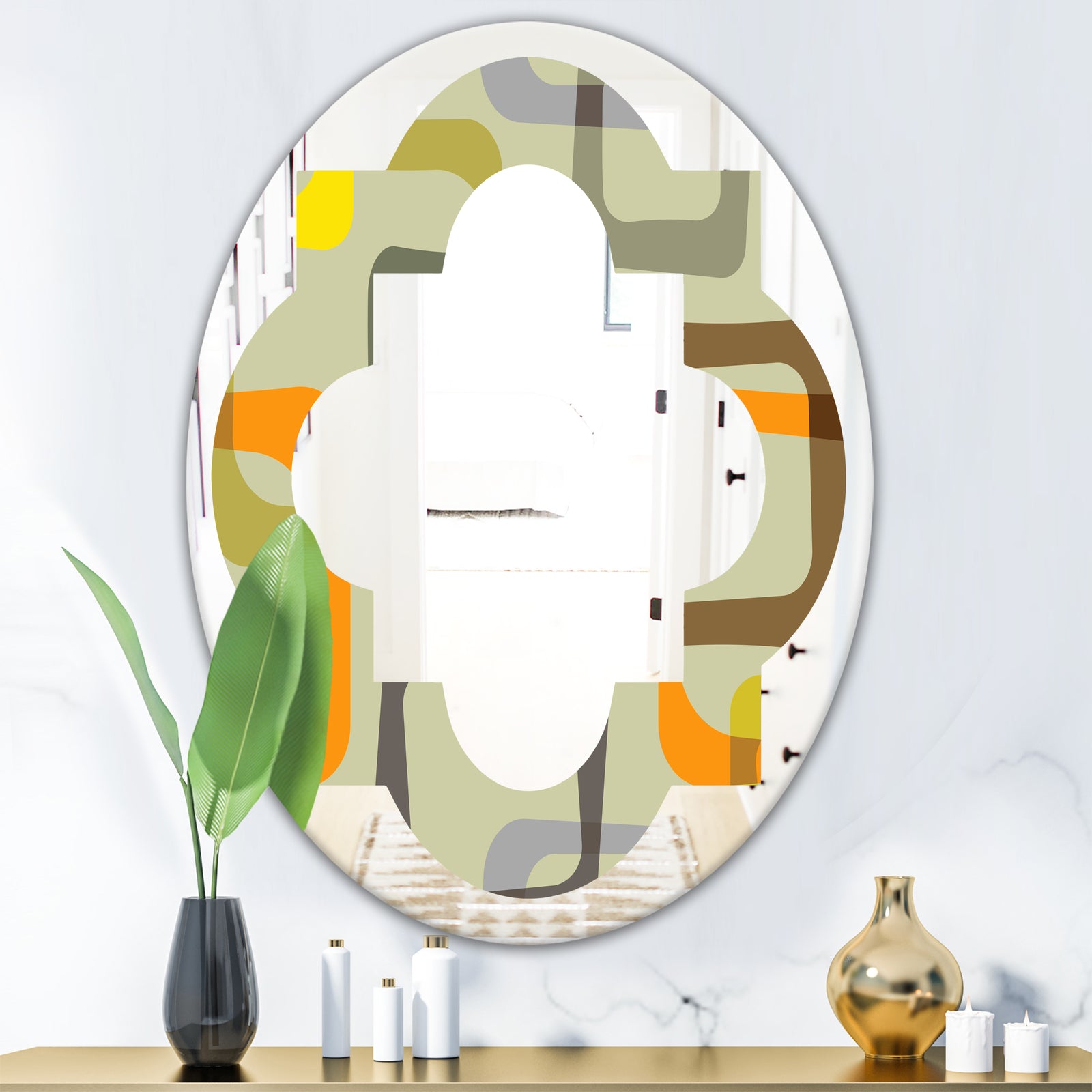 Retro Square Design VII - Modern Round or Oval Wall Mirror - Quatrefoil