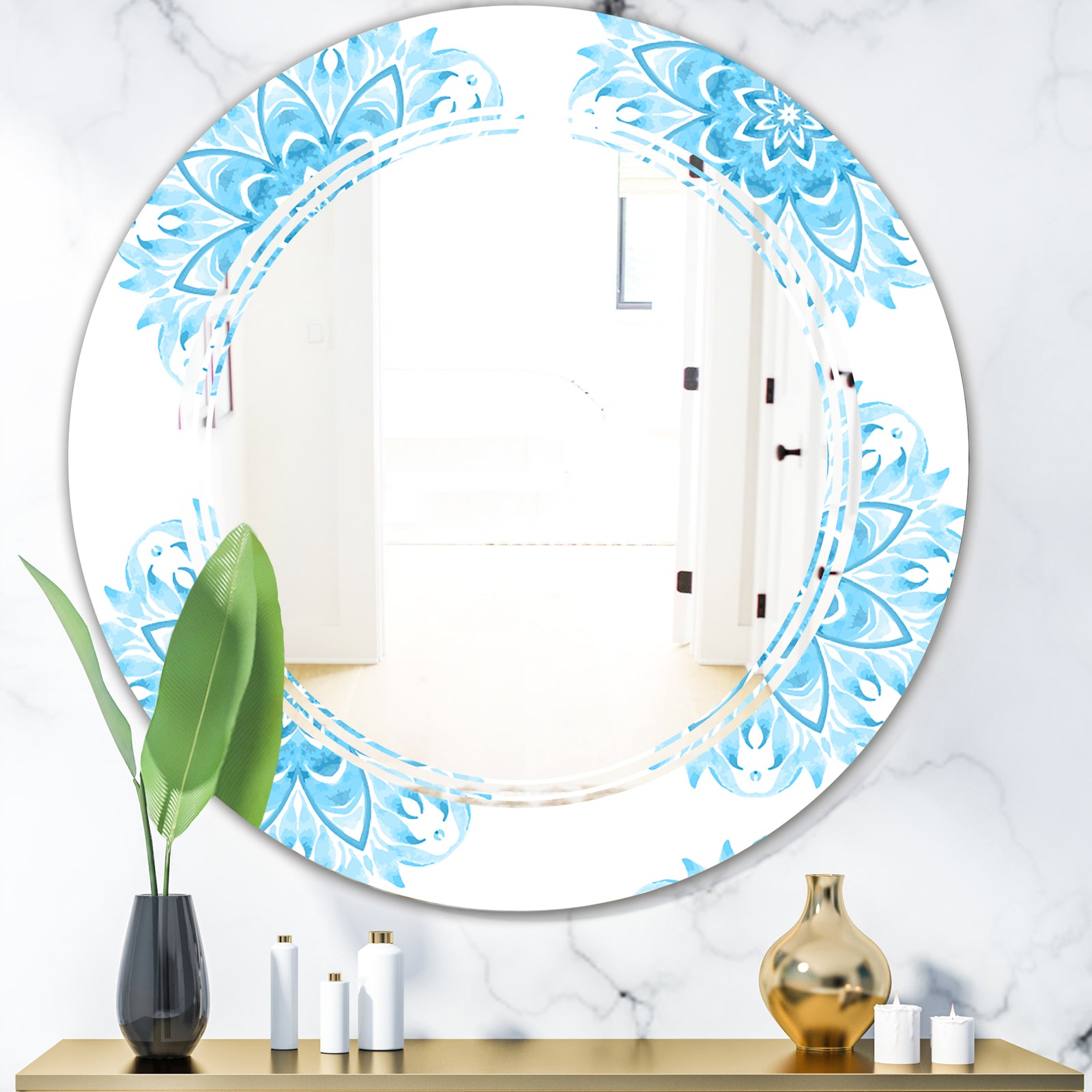 Circular Geometric In Blue - Modern Round or Oval Wall Mirror - Triple C