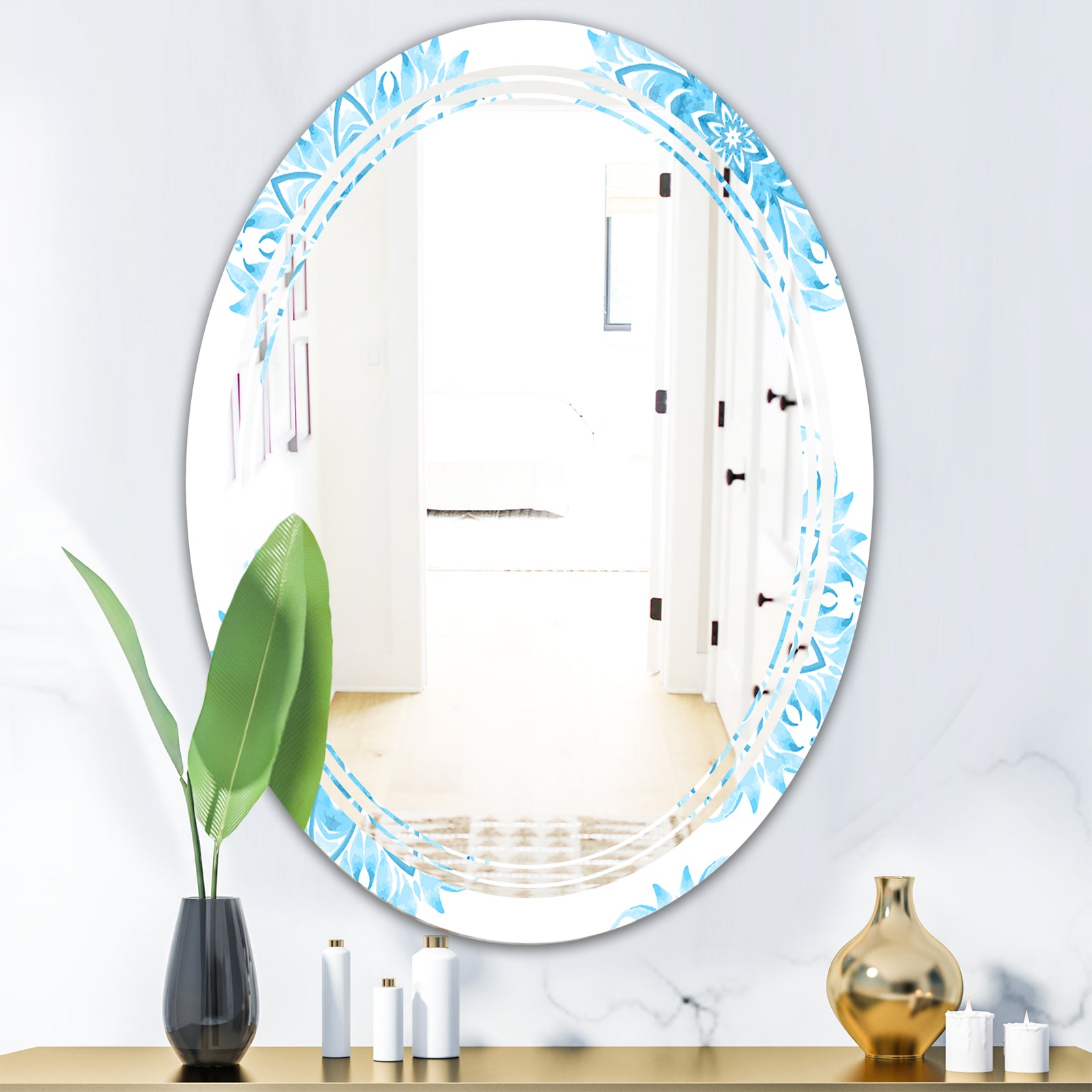 Circular Geometric In Blue - Modern Round or Oval Wall Mirror - Triple C