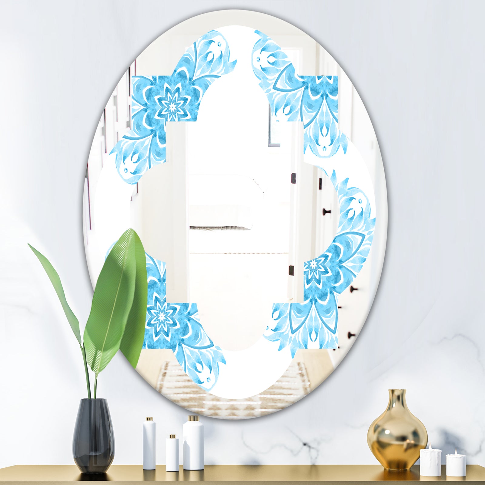 Circular Geometric In Blue - Modern Round or Oval Wall Mirror - Quatrefoil