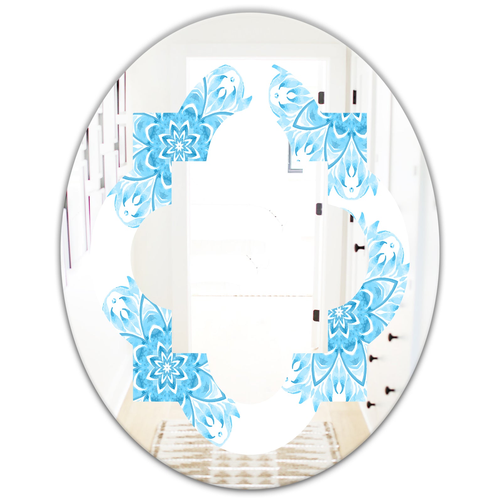 Circular Geometric In Blue - Modern Round or Oval Wall Mirror - Quatrefoil