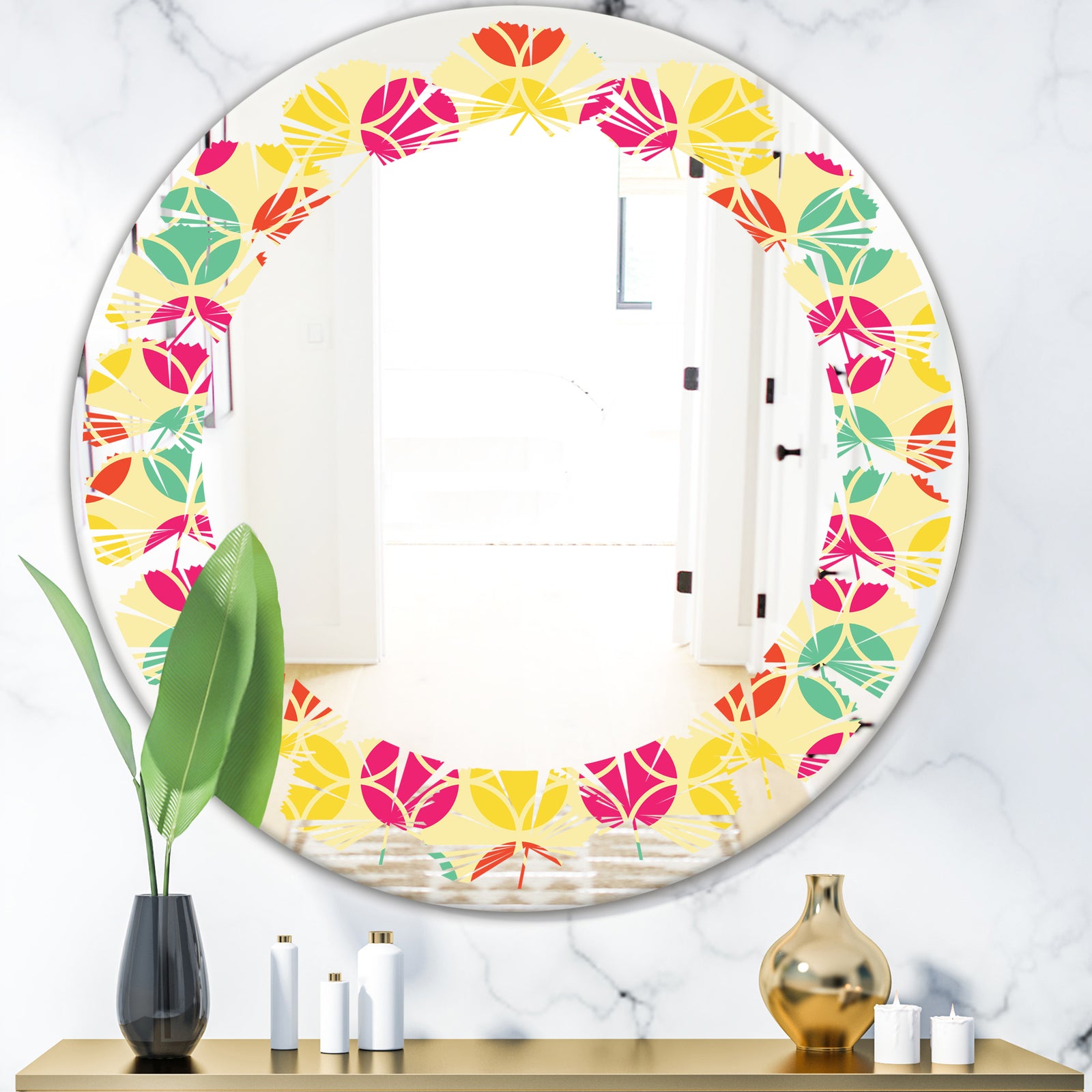 Retro Circular Pattern VII - Modern Round or Oval Wall Mirror - Leaves